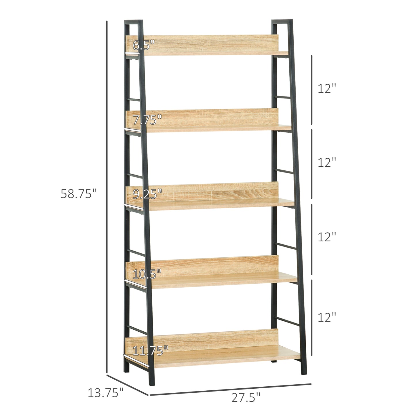 HOMCOM Modern Bookshelf Storage with 5-Tier Wide Shelving, Metal Frame, Wooden Bookcase for Living Room Library Home Furniture, Black