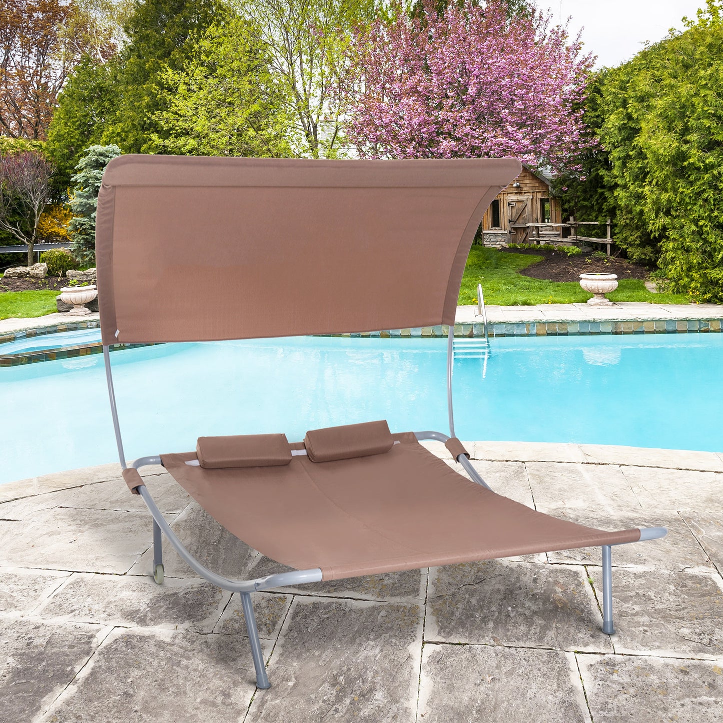 Outsunny 79" Outdoor Lounge Chair with Canopy, Double Chaise Lounger Hammock Bed w/ Pillow and Wheels, Brown
