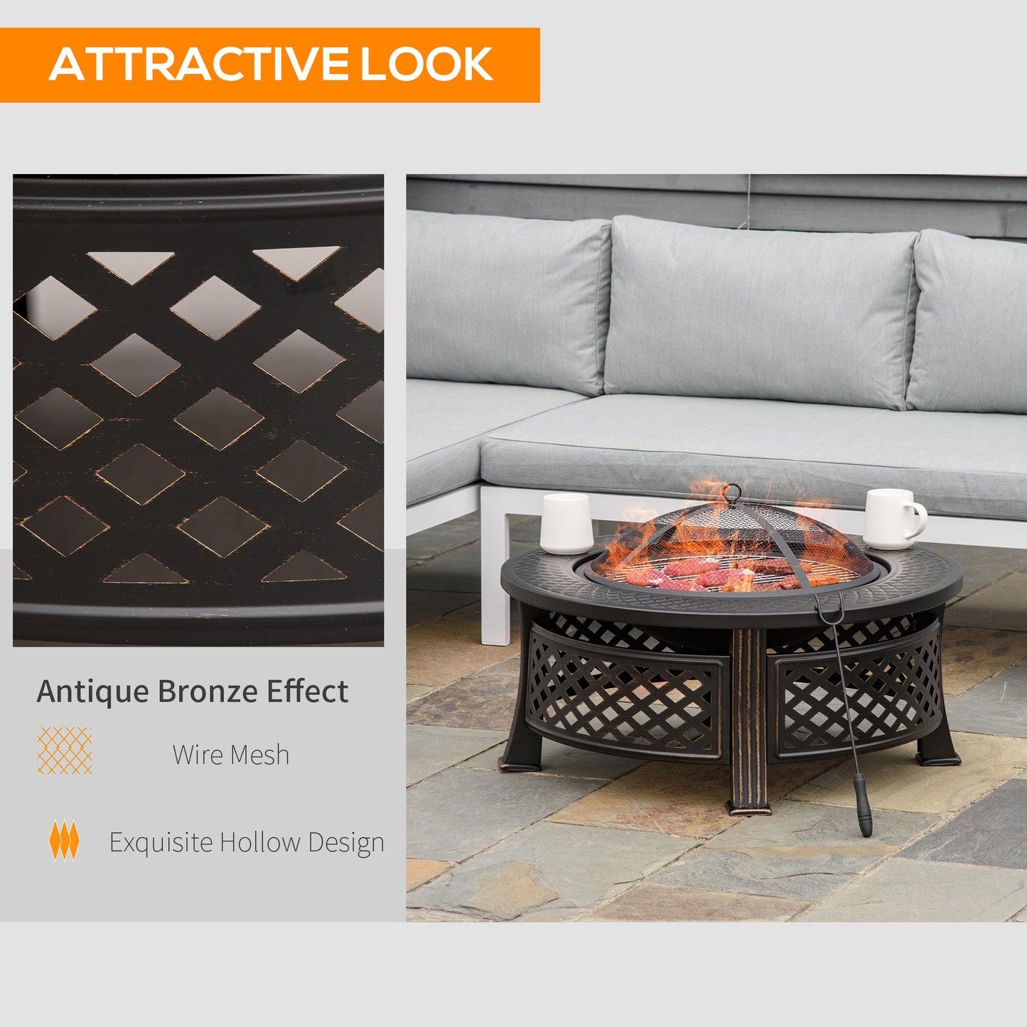 Outsunny Outdoor Fire Pit, Firepit with Grill Net, Mesh Lid, Poker, for Camping, Bonfire, Picnic, Bronze