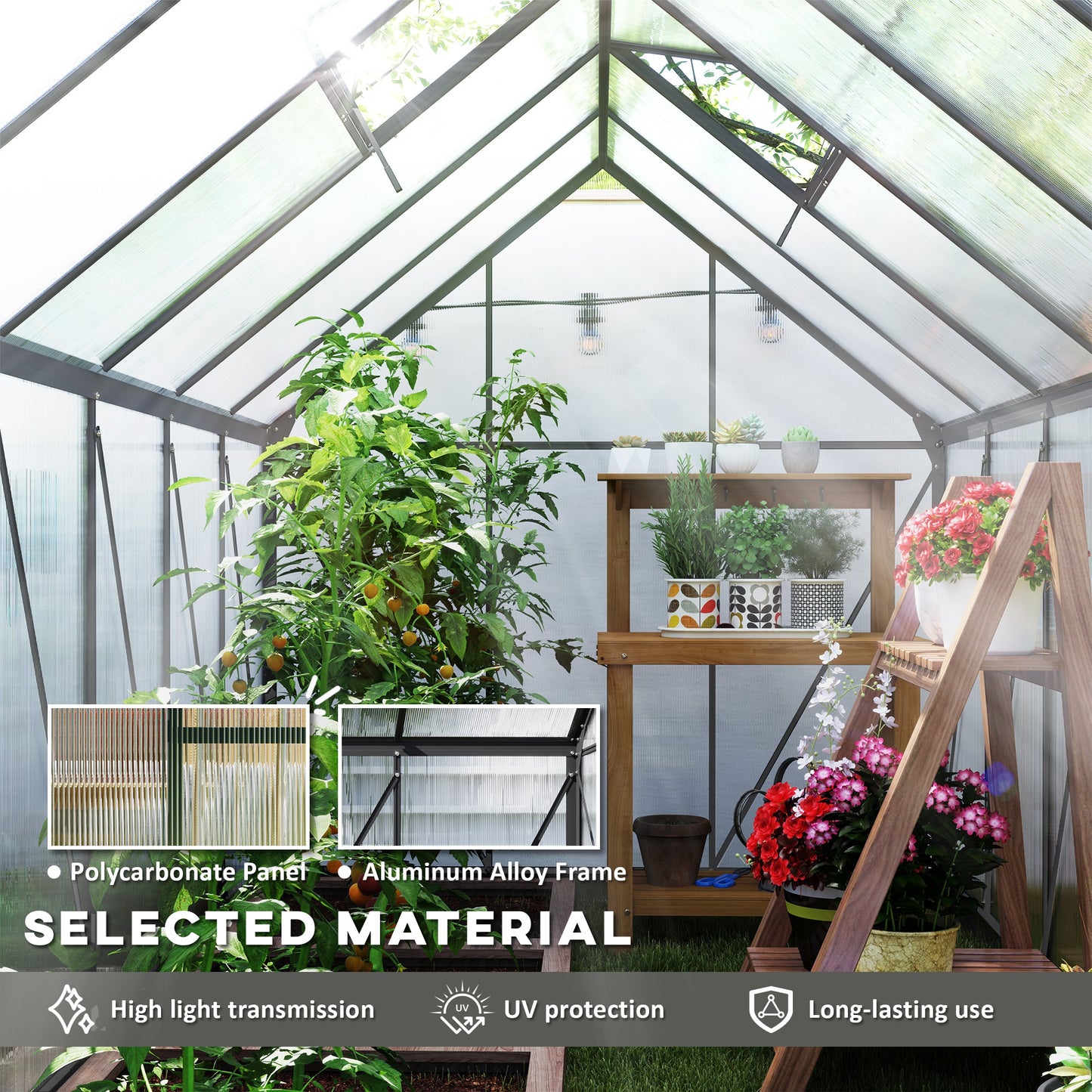 Outsunny 6' x 12' x 6.5' Walk-in Greenhouse, Polycarbonate Greenhouse with Adjustable Roof Vent, Base, Sliding Door, Clear