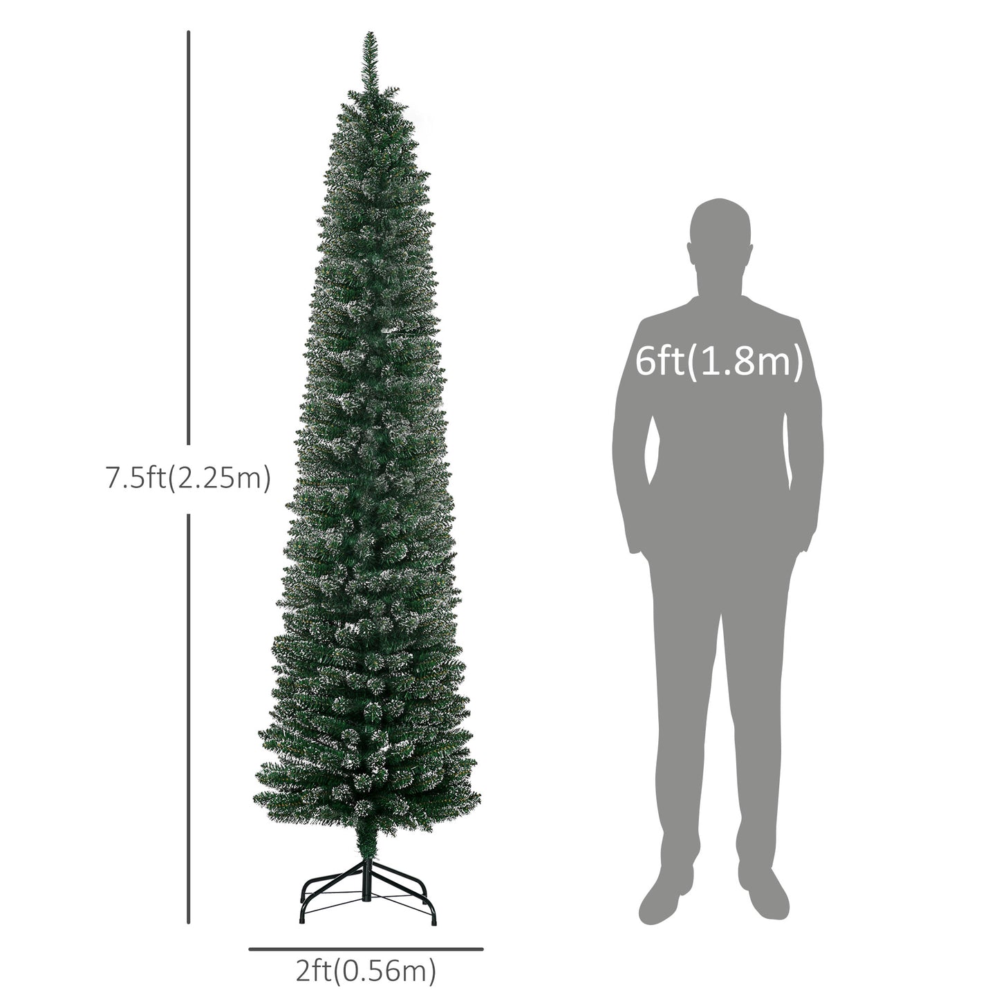 HOMCOM 6FT Artificial Snow Dipped Christmas Tree Xmas Pencil Tree Holiday Home Indoor Decoration with Foldable Black Stand, Green