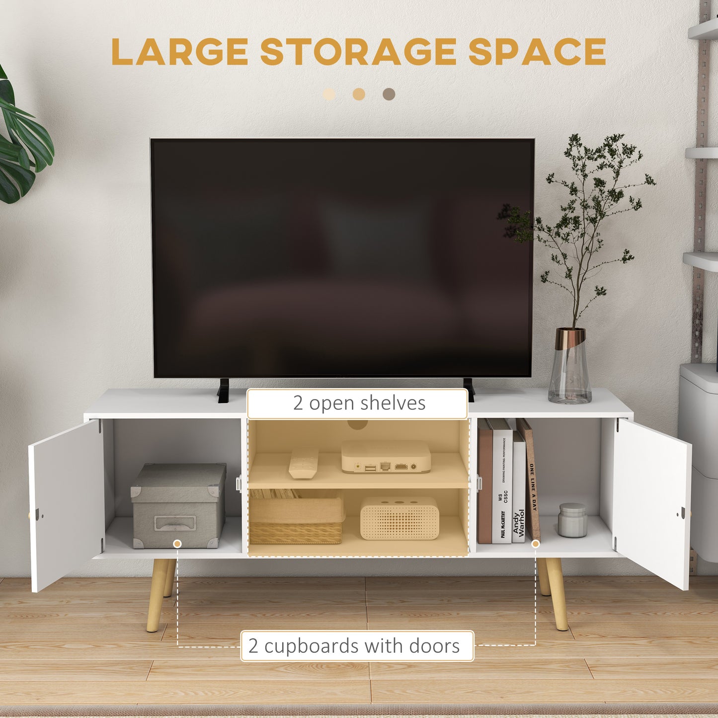 HOMCOM TV Stand Cabinet for TVs up to 55 Inches, Entertainment Unit with Storage Shelves and Wood Legs for Living Room, White