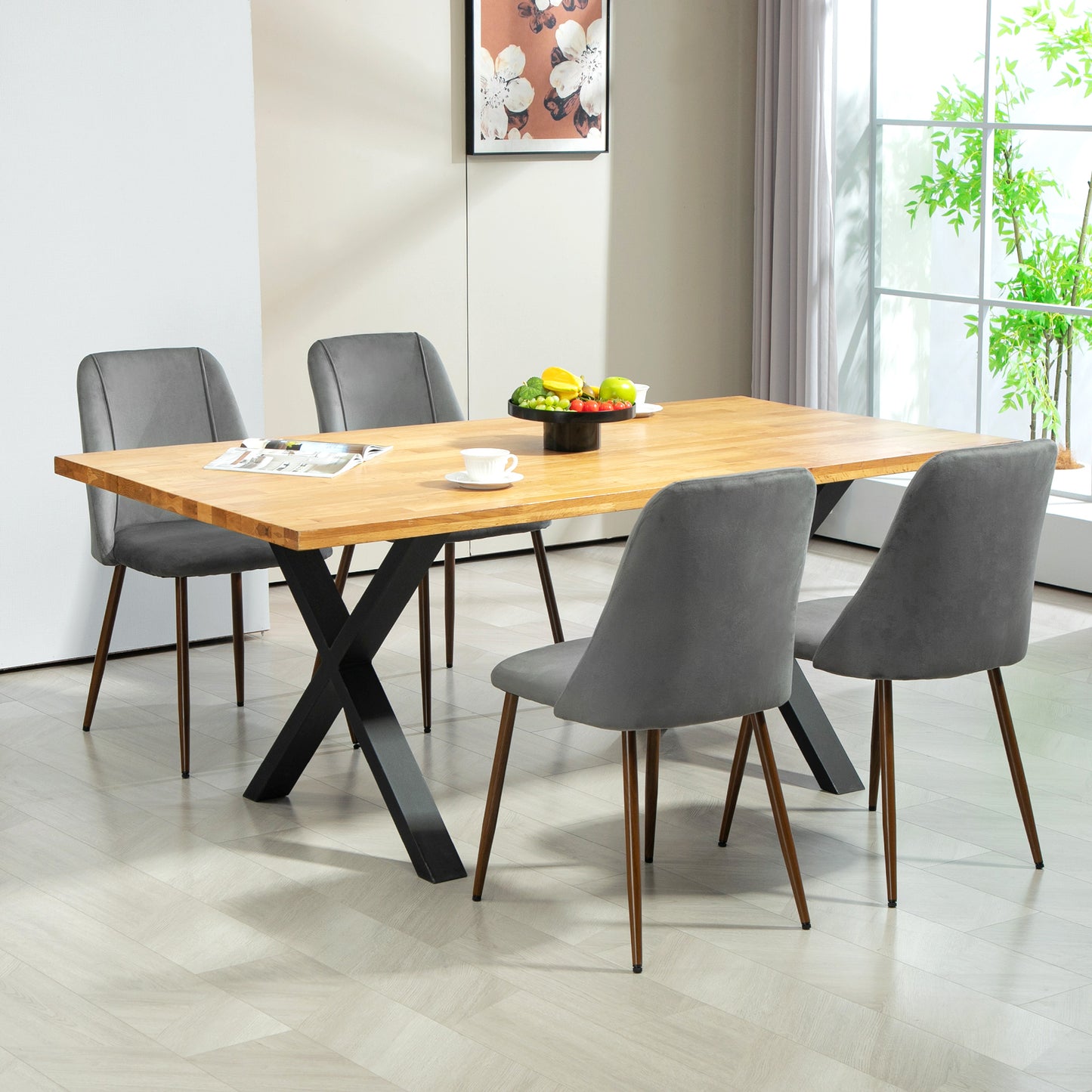 HOMCOM Upholstered Dining Chairs Set of 4, Velvet Accent Chair with Back and Wood-grain Steel Leg for Kitchen, Grey