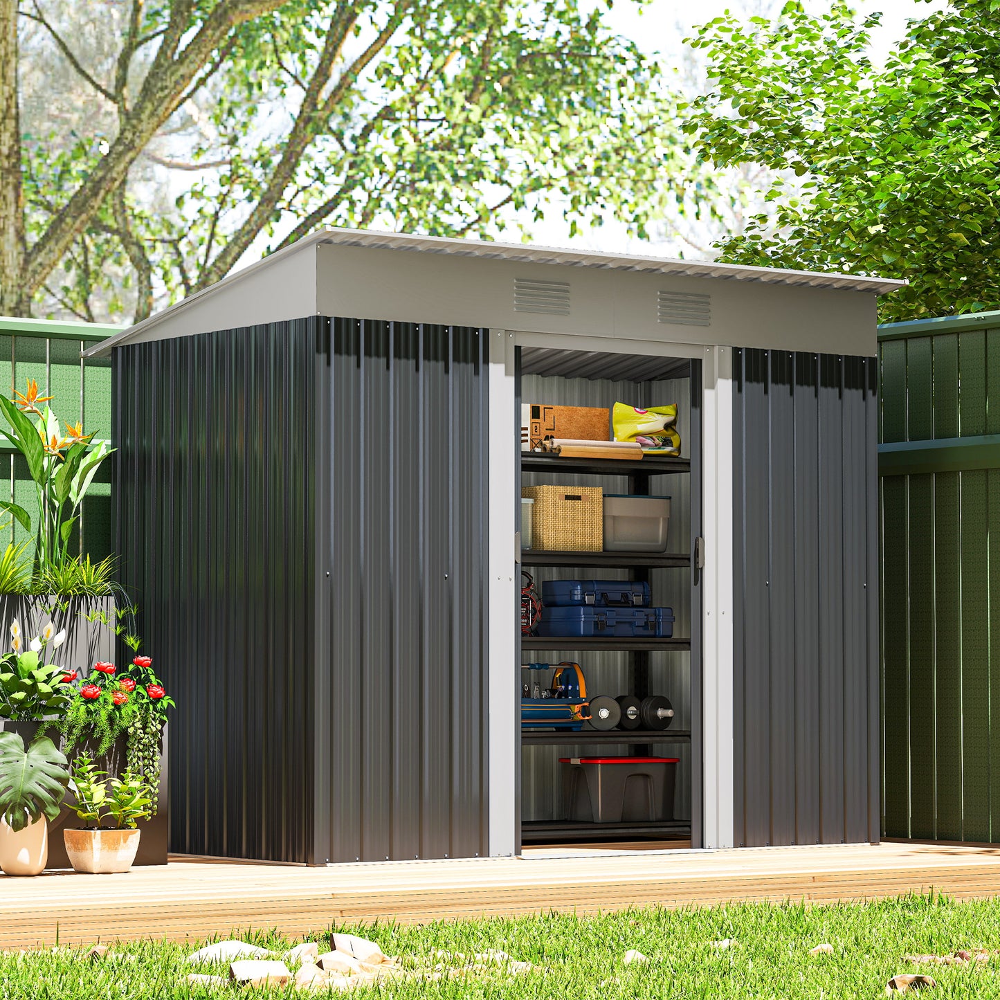 Outsunny 7' x 4' Outdoor Storage Shed, Metal Garden Tool Storage House Organizer with Lockable Sliding Doors and Vents for Backyard Patio Lawn, Charcoal Grey