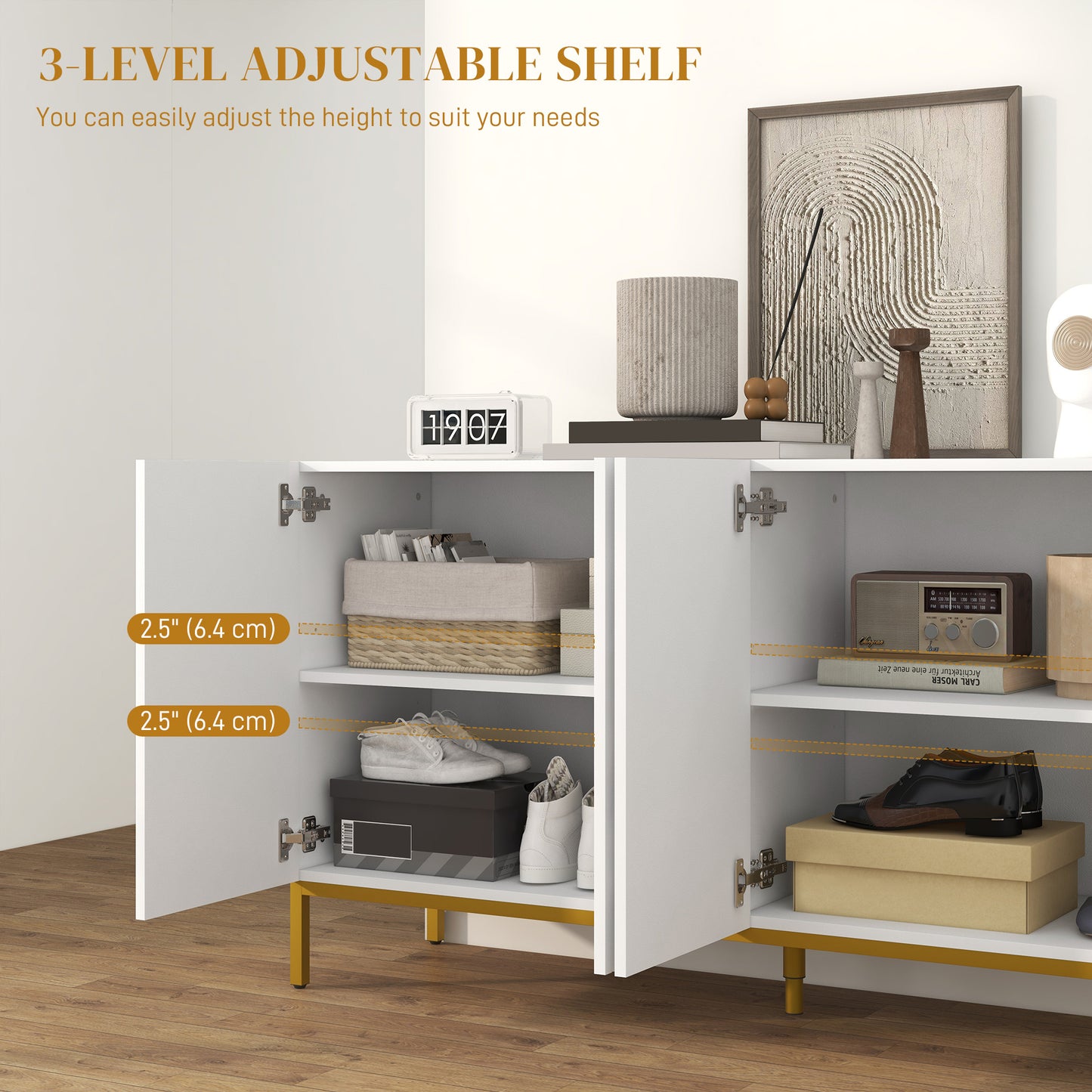 HOMCOM Sideboard Storage Cabinet with Adjustable Shelves, Soft-Close Doors, Kitchen Buffet Cabinet for Dining Room, White