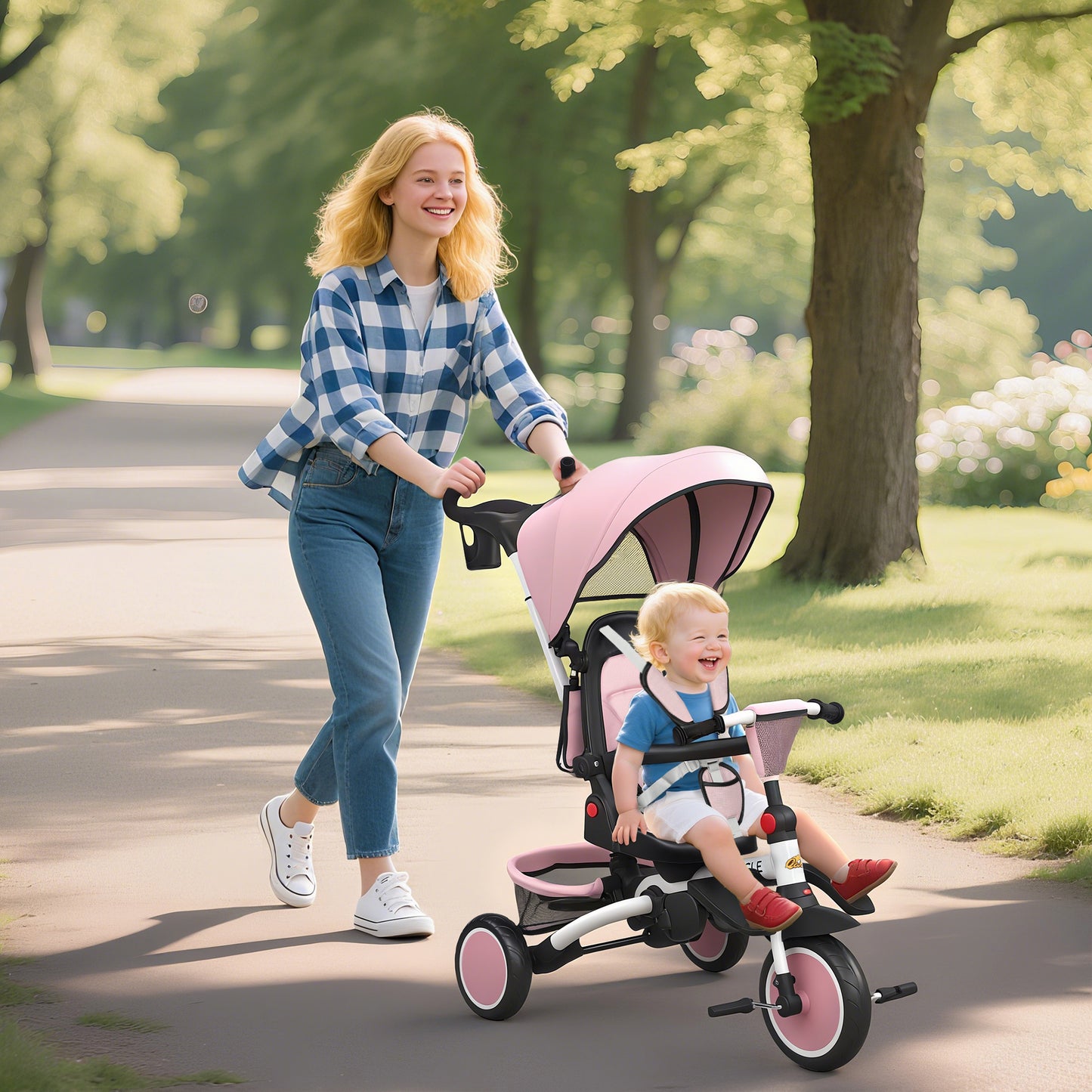 Qaba 6 in 1 Toddler Tricycle for 1-5 Years Old with Push Handle, Removable Canopy, Rotatable Seat, Pink