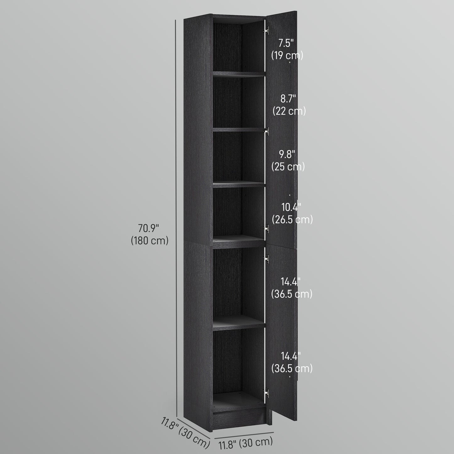 HOMCOM Freestanding Tall Bathroom Storage Cabinet with Adjustable Shelves, Bathroom Organizer, Black Wood Grain