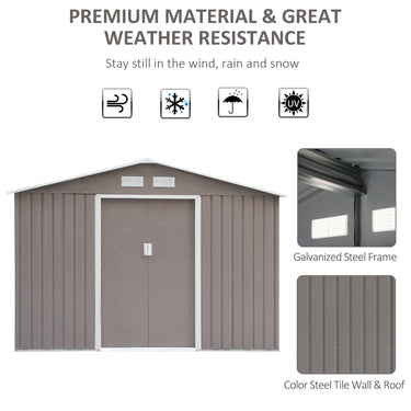 Outsunny 9'x6.3'Garden Storage Outdoor Shed w/ Floor Foundation Outdoor Yard Metal Tool Storage House Grey White