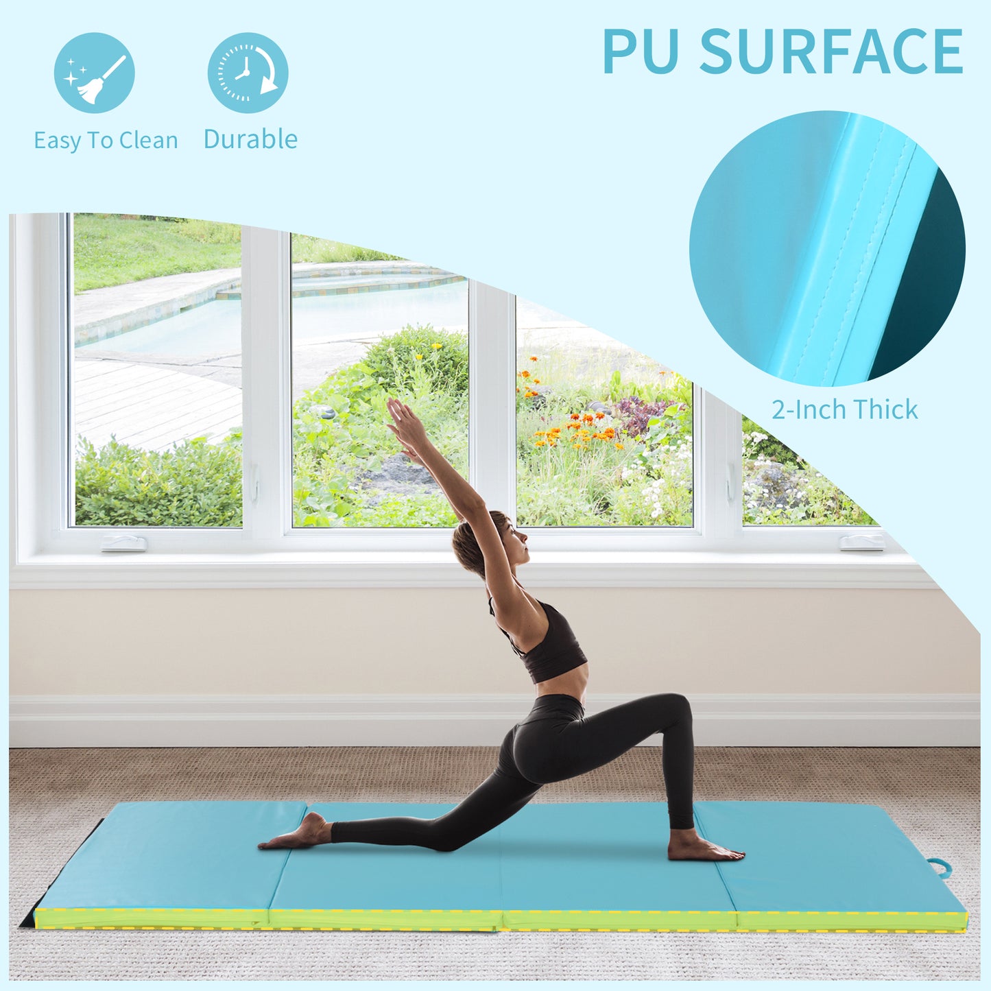 Soozier 4'x8'x2" Folding Gymnastics Tumbling Mat, Exercise Mat with Carrying Handles for Yoga, MMA, Martial Arts, Stretching, Core Workouts, Light Blue