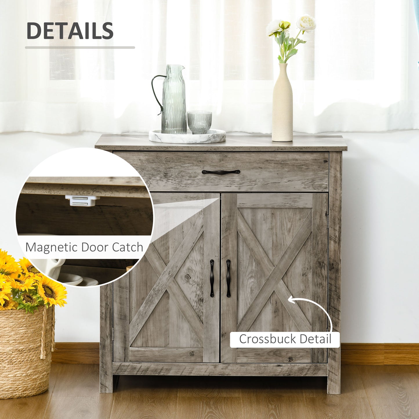 HOMCOM Farmhouse Sideboard Buffet Cabinet, Storage Cabinet with Barn Doors, Distressed Brown
