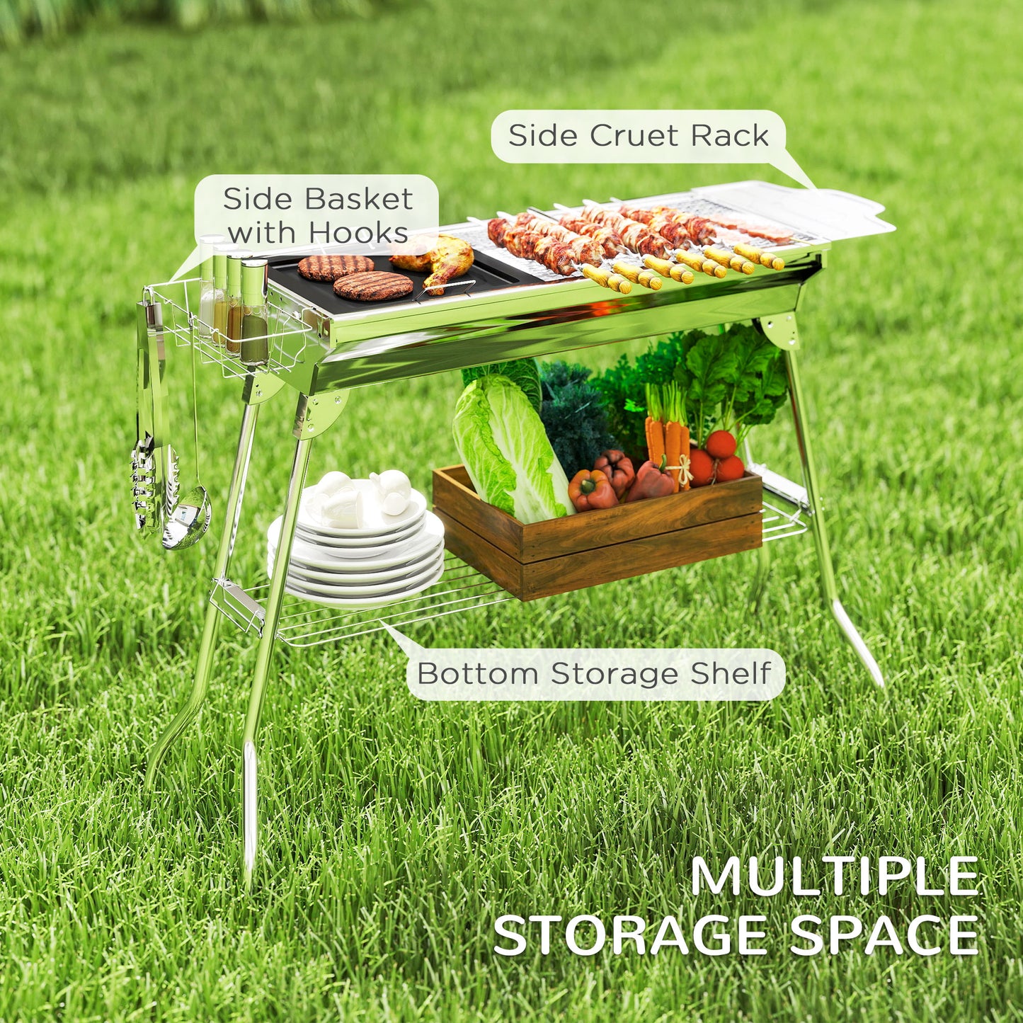 Outsunny Stainless Steel Portable Charcoal Grill, Folding BBQ Grill with Shelf, Side Basket and Pan for Cooking, Camping, Travel