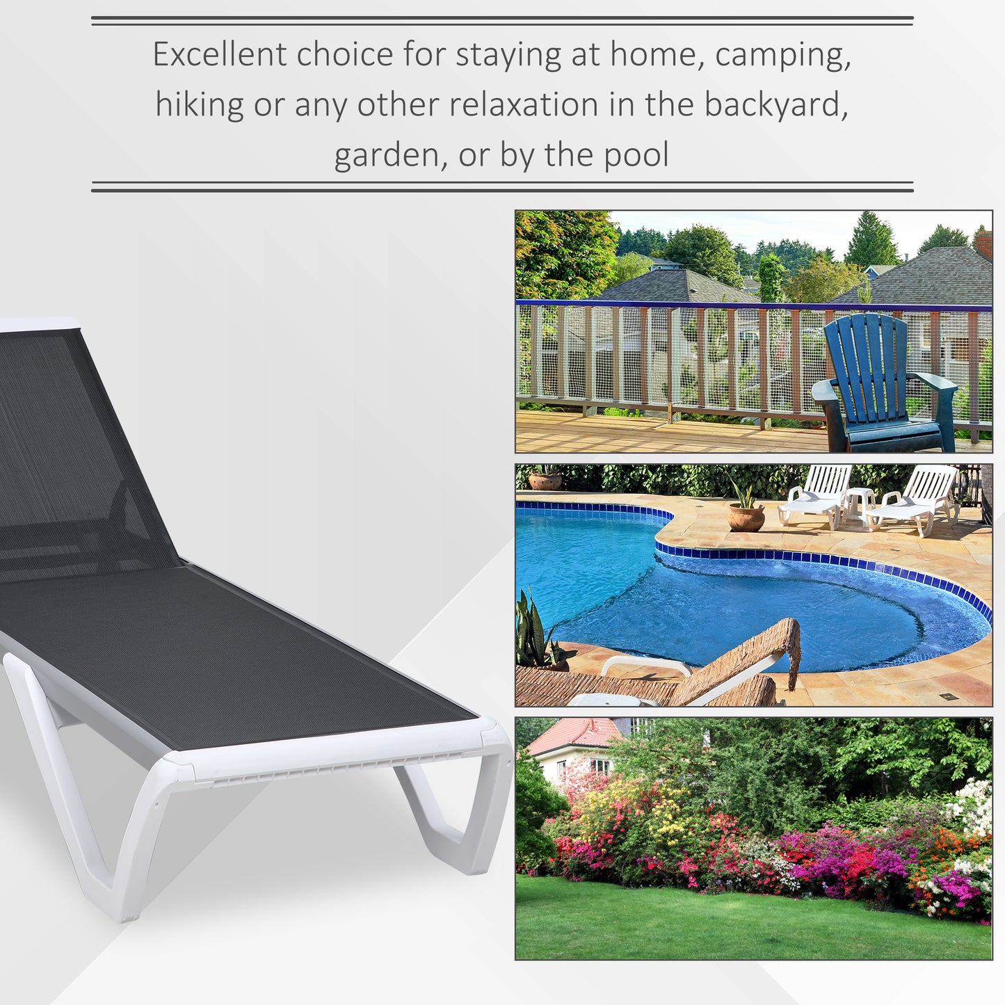 Outsunny Outdoor Chaise Lounge Chair, Patio Aluminum Tanning Chair with 5-Level Adjustable Back, Portable Wheels, Breathable Mesh Fabric, for Pool, Deck, Garden, Black
