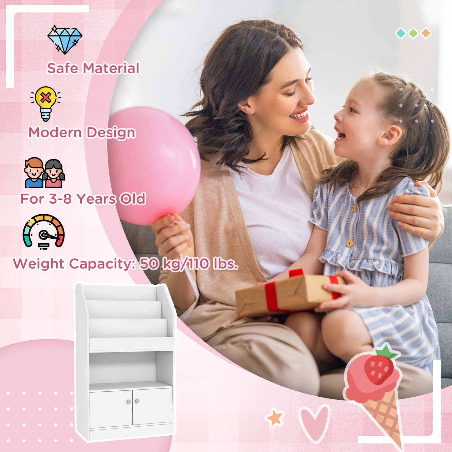 Qaba Toy Storage Organizer Shelf, Kids Bookshelf for Bedroom, Playroom, Nursery, White