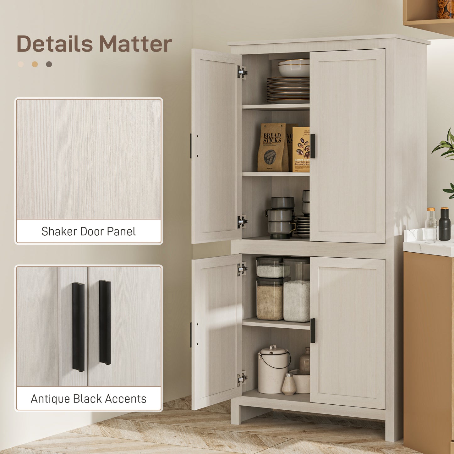 HOMCOM 64" Kitchen Pantry Cabinet, Freestanding Storage Cabinet with 4 Doors, 3 Adjustable Shelves, Antique White