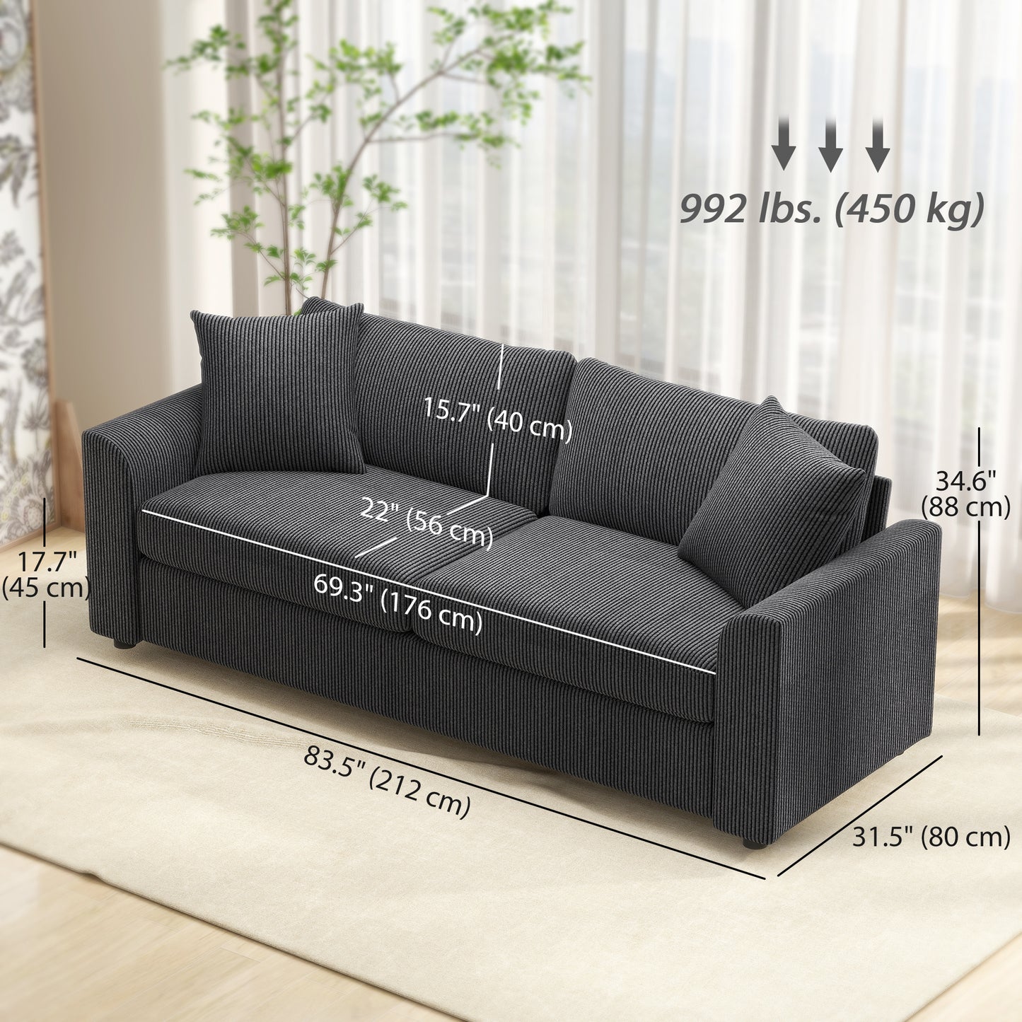 HOMCOM 3 Seater Sofa, 83.5" Modern Upholstered Couch with Pocket Spring and 2 Scatter Cushions for Living Room, Cream White