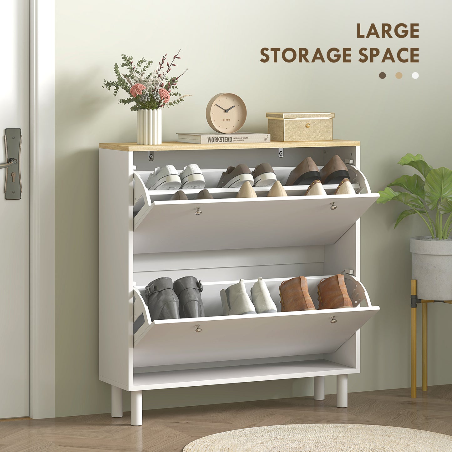 HOMCOM 2 Drawers Shoe Storage Cabinet with Adjustable Shelves for 16 Pairs of Shoes, White