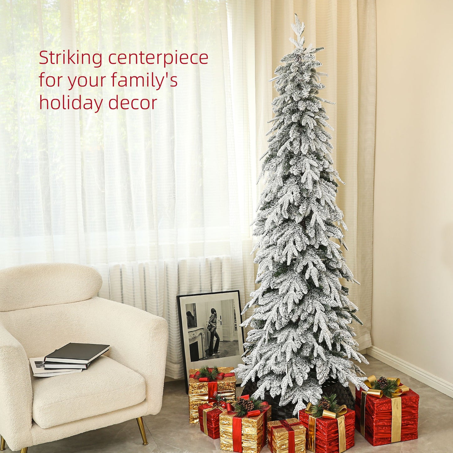 HOMCOM 6ft Pencil Flocked Artificial Christmas Tree with 600 Branch Tips, Auto Open and Steel Base, Green