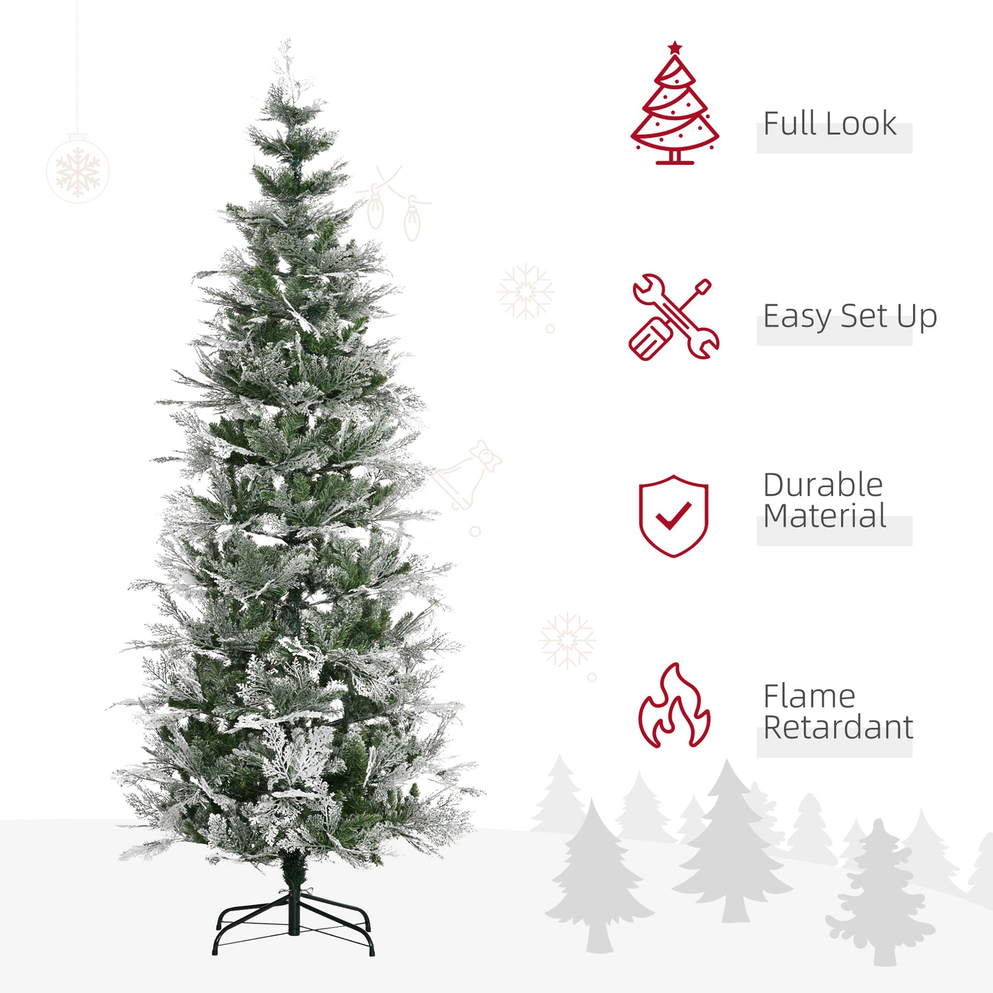 HOMCOM 7.5 Feet Pencil Snow Flocked Artificial Christmas Tree with 880 Realistic Cypress Branches, Auto Open, Green