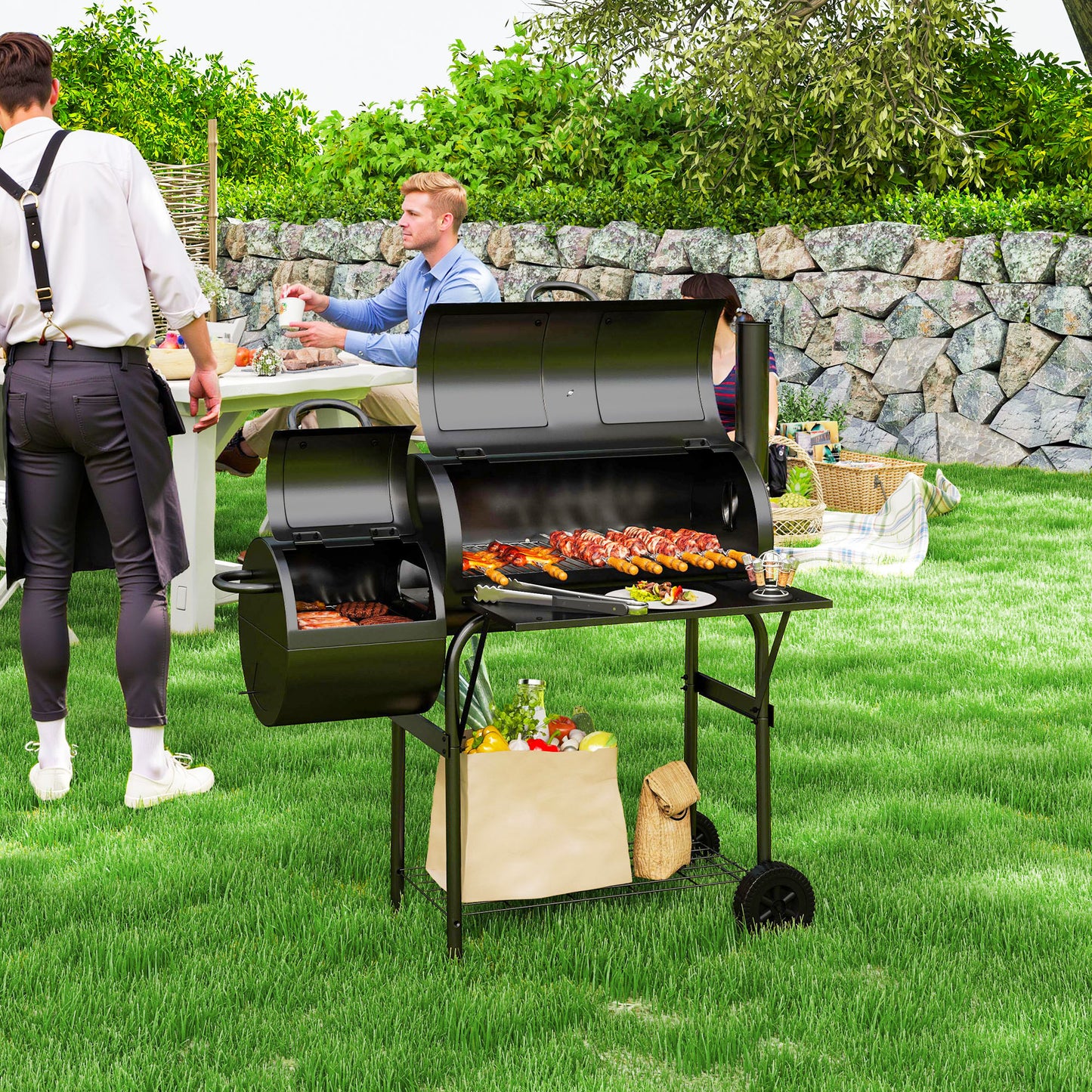 Outsunny Portable Outdoor Charcoal BBQ Grill with Offset Smoker, Barbecue Grill with Spacious Cooking Area, 2 Shelves, Thermometer, Wheels for Patio Backyard Party, Black