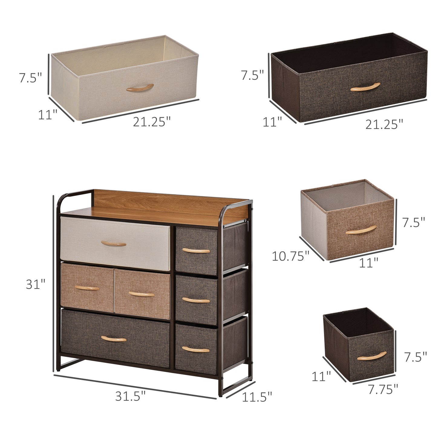 HOMCOM 7-Bin Dresser Storage Tower Cabinet Organizer Unit, Easy Pull Fabric Bins with Metal Frame for Bedroom