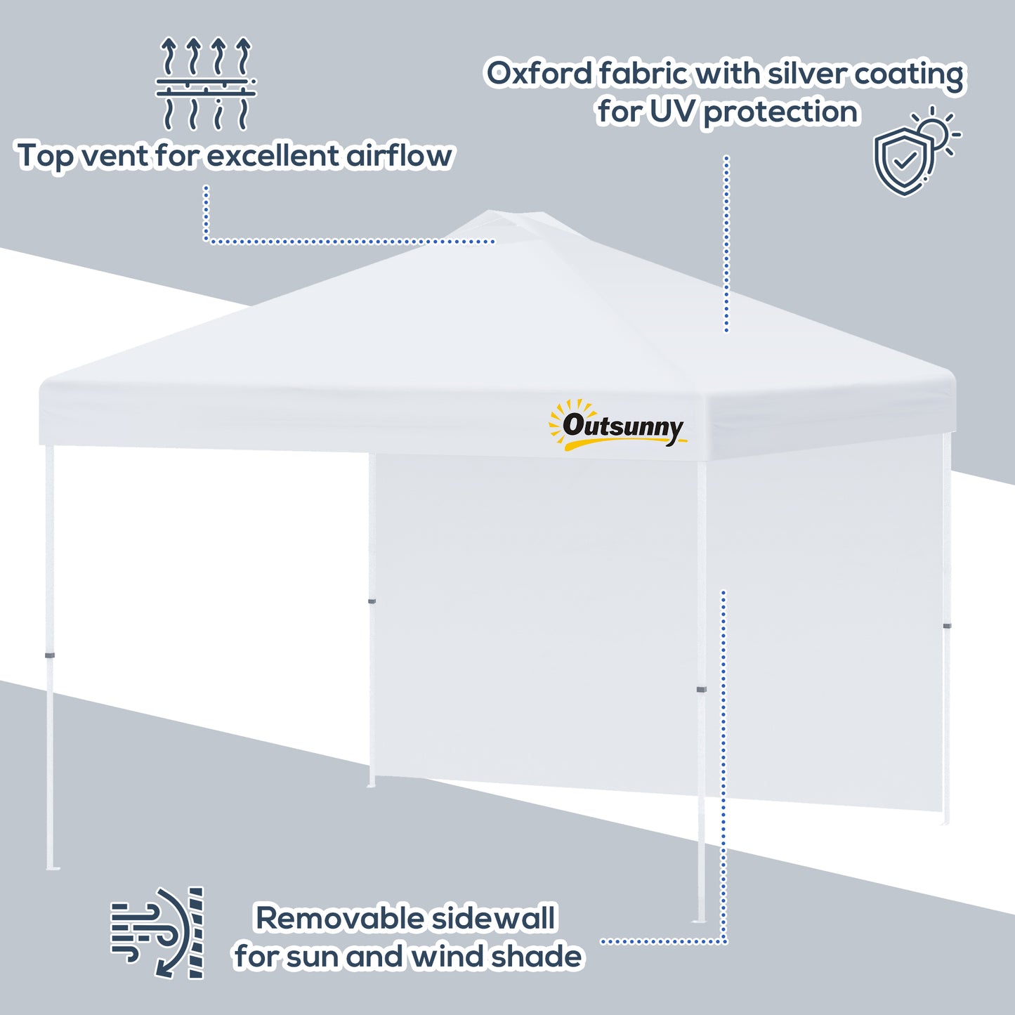 Outsunny 10' x 10' Pop Up Canopy Tent with Adjustable Height, 1 Sidewall, and Wheeled Carry Bag for Outdoor, Garden, Patio, White