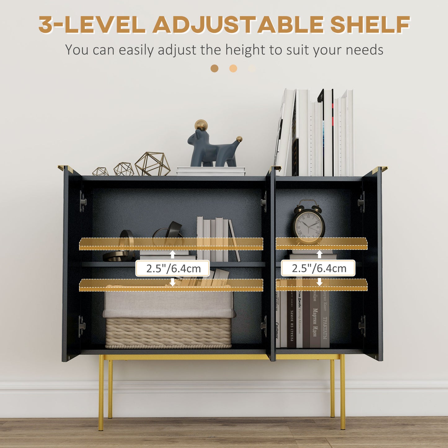 HOMCOM Modern Storage Cabinet Sideboard Buffet Cabinet with Gold Legs for Living Room Dining Room Hallway Grey