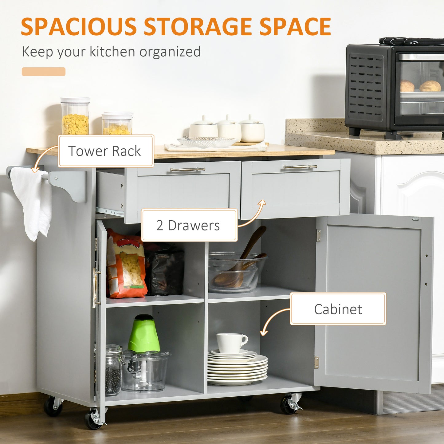 HOMCOM Rolling Kitchen Island with Storage Drawers, Kitchen Cart with Rubber Wood Top, Cabinet & Towel Rack, White