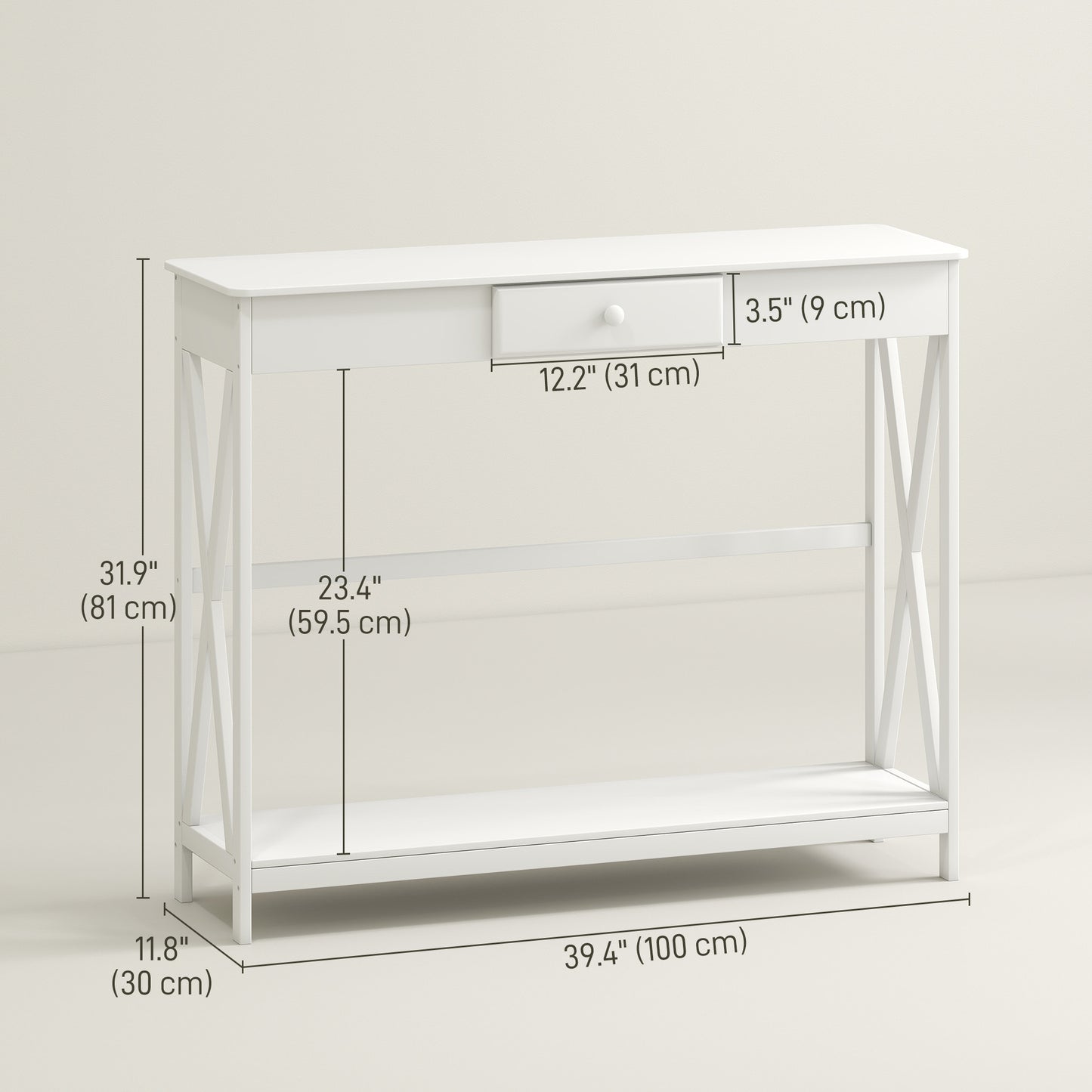 HOMCOM 39" Console Table, 2 Tier X-Design Narrow Entryway Table with Drawer and Storage Shelf for Behind Couch, Living Room, Hallway, White