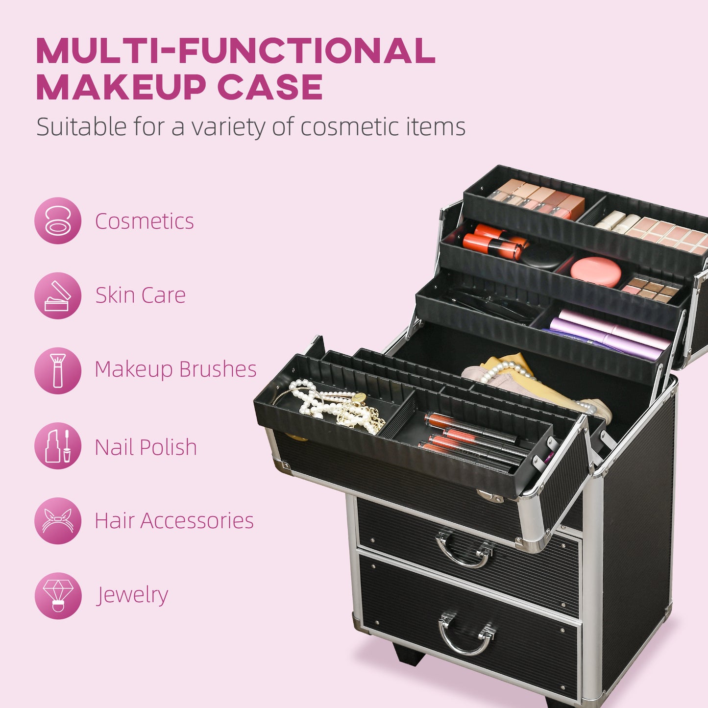 HOMCOM Rolling Makeup Train Case, Large Storage Cosmetic Trolley, Lockable Traveling Cart Trunk with Folding Trays, Swivel Wheels