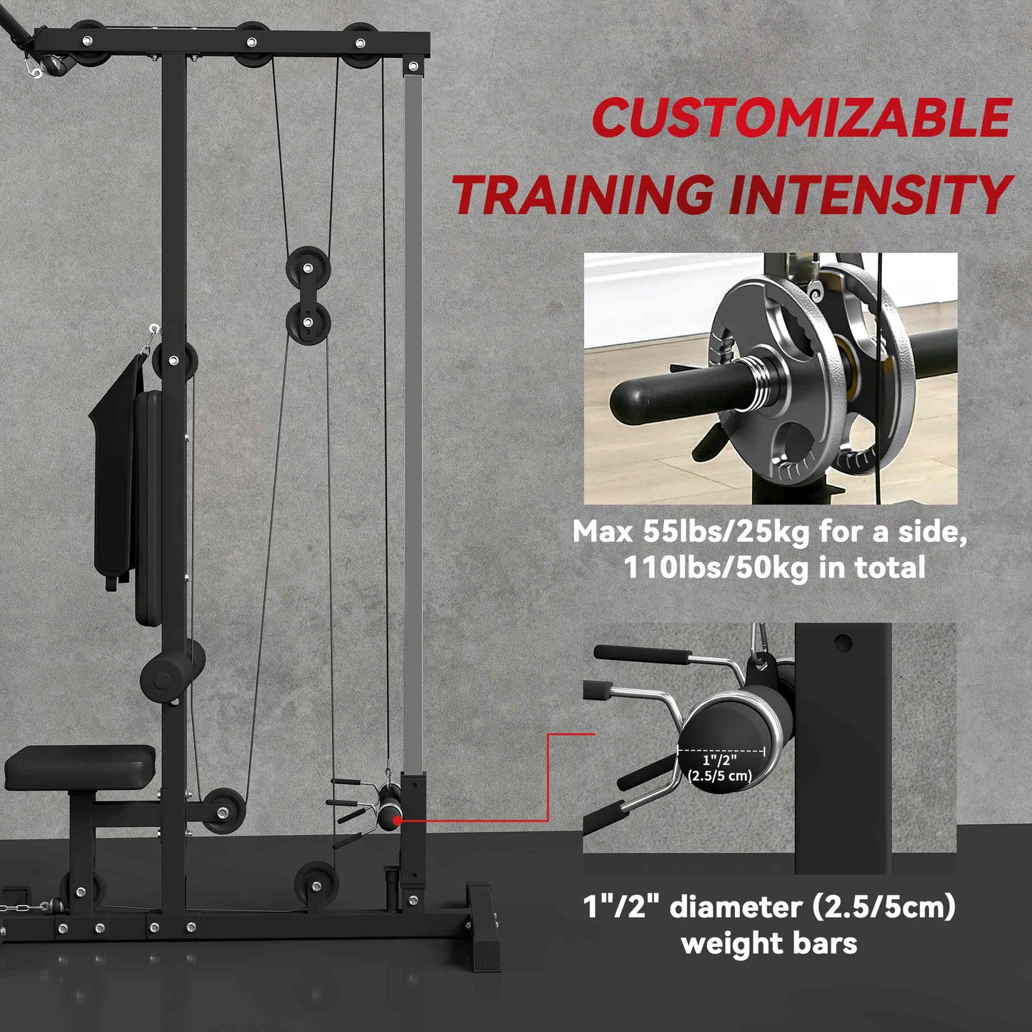 Soozier Lat Pull Down Machine, High / Low Pulley Machine with Adjustable Seat and Flip-Up Footplate, Red