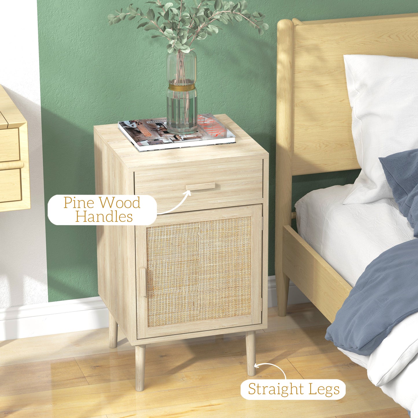 HOMCOM Boho Bedside Tables Set of 2, Nightstands with Drawer, Rattan Cabinet, Adjustable Shelf for Bedroom, Living Room, Black