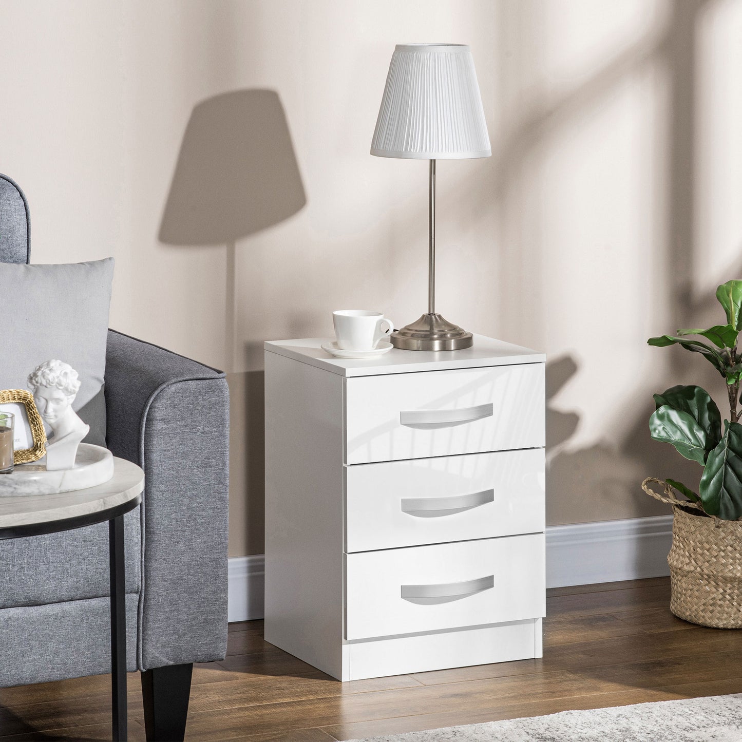 HOMCOM Modern Nightstand Set of 2, Bedside Tables with 3 High Gloss Drawers for Bedroom, White
