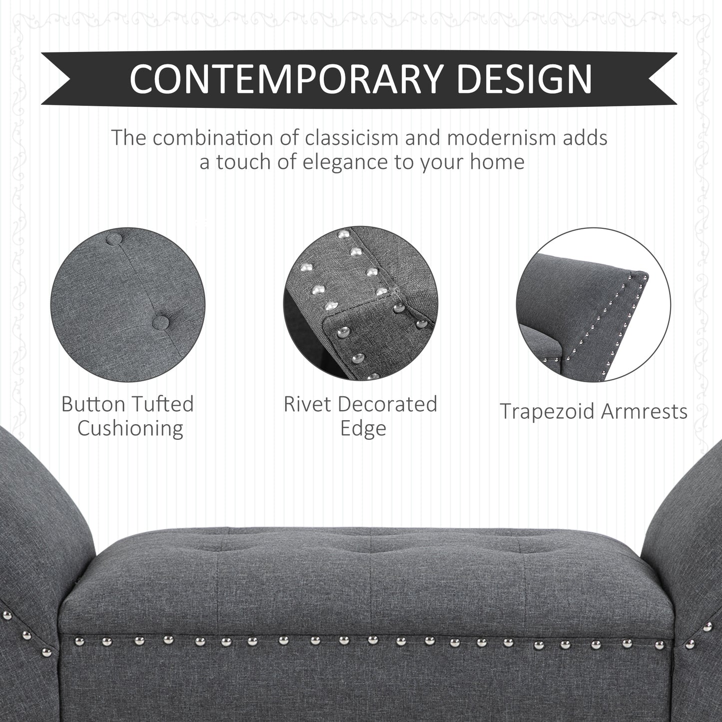HOMCOM Modern Upholstered Bench, End of Bed Bench for Bedroom, Hallway Bench with Arms and Nailhead Trim