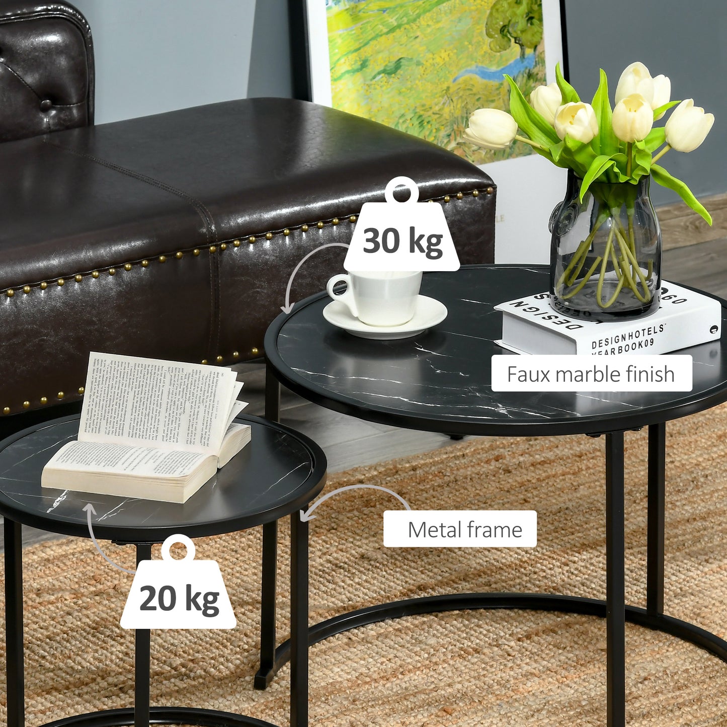 HOMCOM Round Nesting Coffee Table Set of 2, Stacking Modern Accent Tables with Faux Marble Tabletop and Metal Frame for Living Room, Black