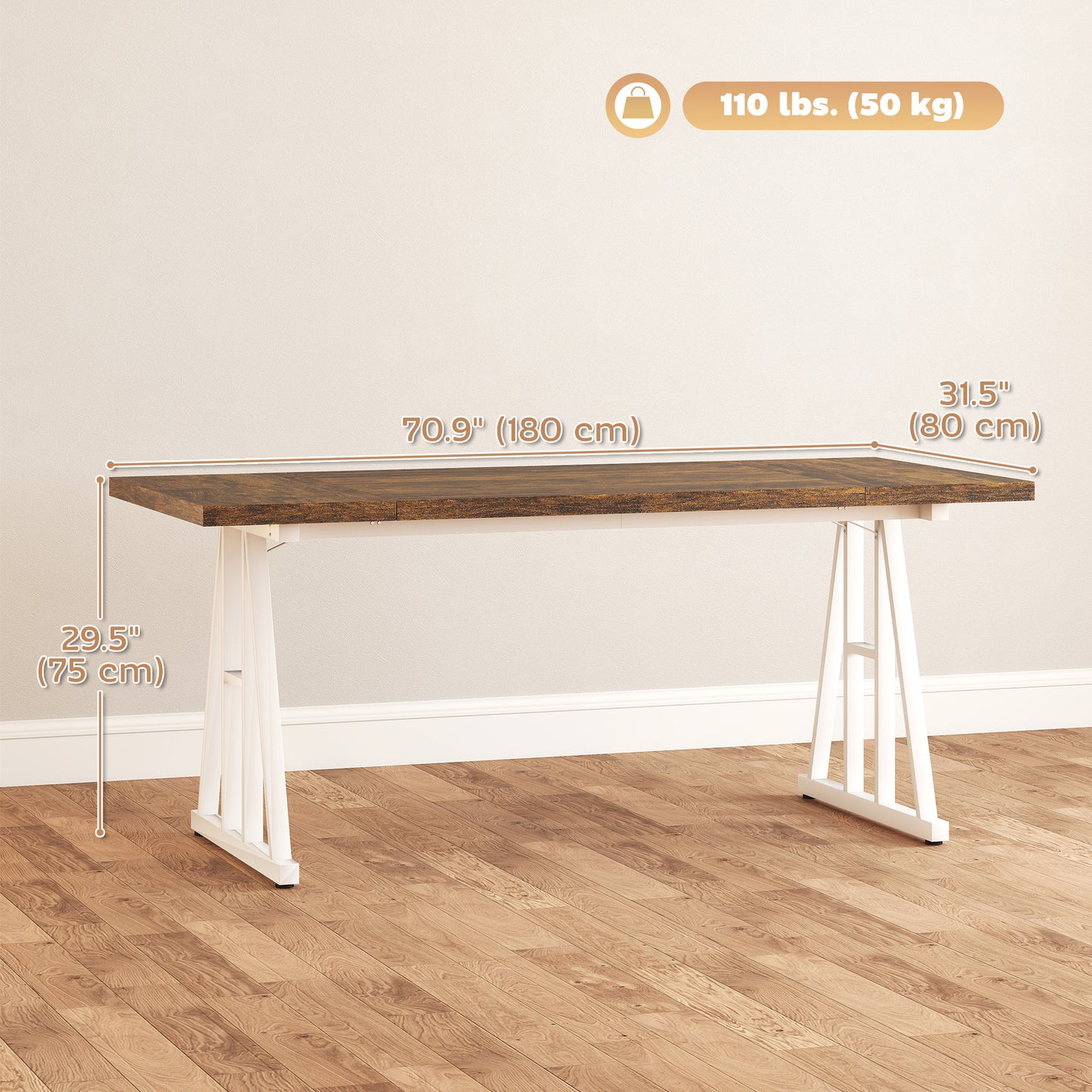 HOMCOM Farmhouse Kitchen Table for 8, Rectangular Dining Table with Thick Tabletop and Steel Trestle Legs, Brown and White