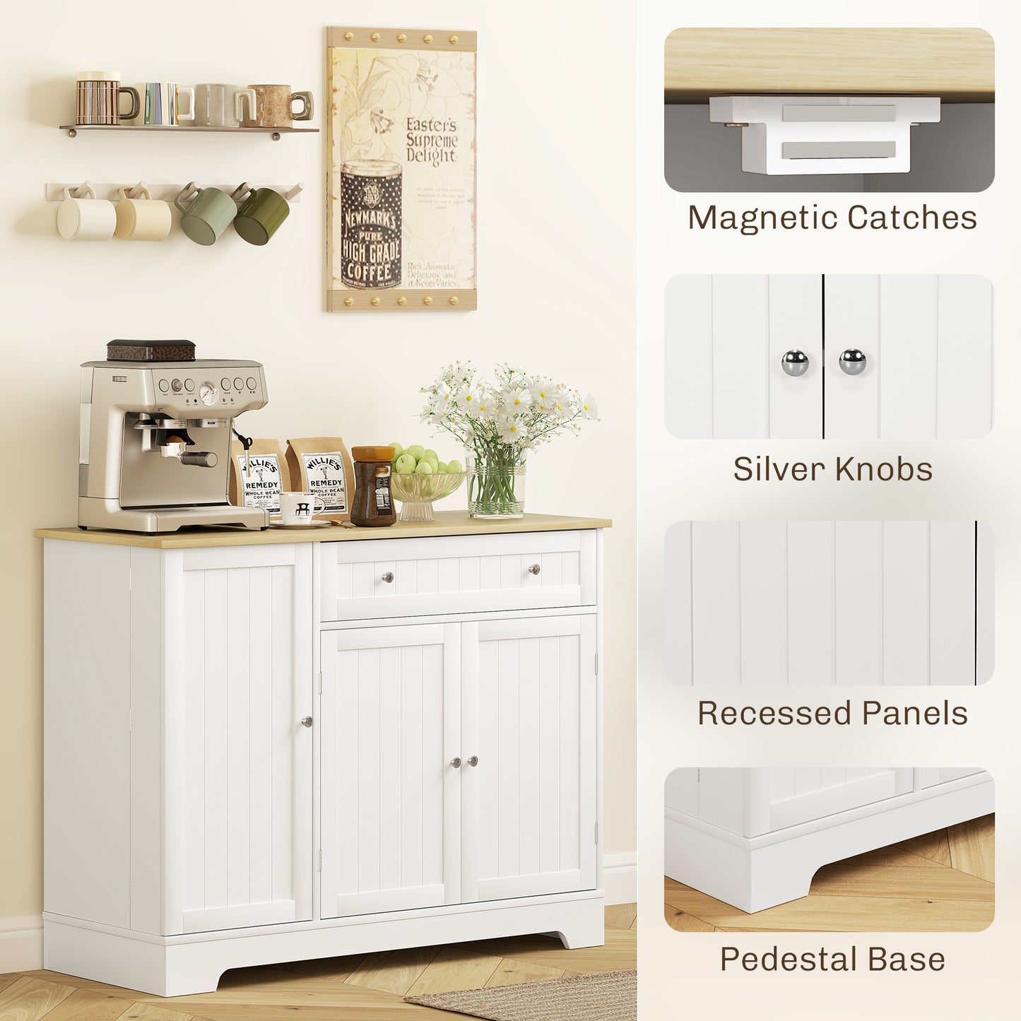 HOMCOM Modern Sideboard Cabinet, 41" Kitchen Buffet Cabinet with Drawer, Adjustable Shelf, 3 Doors for Dining Room, White