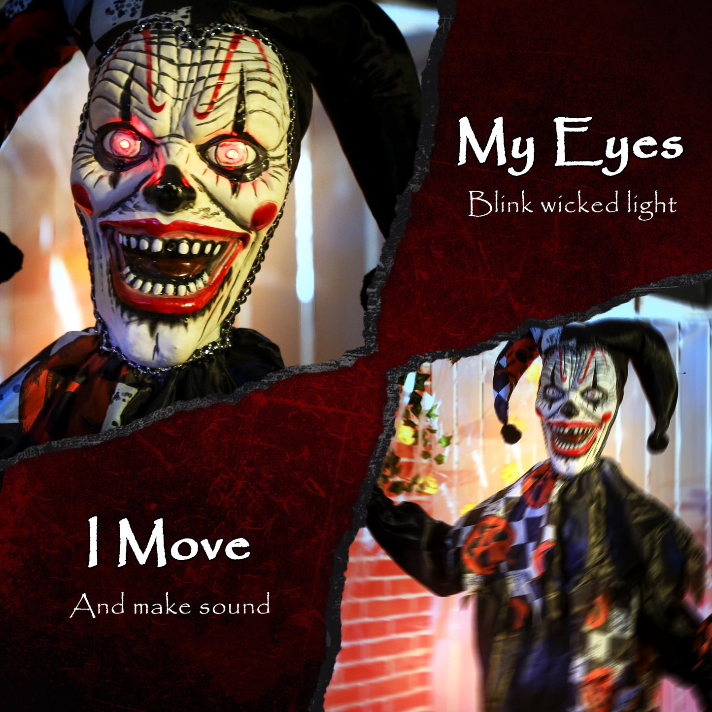 Outsunny Life Size Halloween Animated Clown with Red Light Up Eyes, Sound Activated Scary Halloween Decorations, Battery Operated