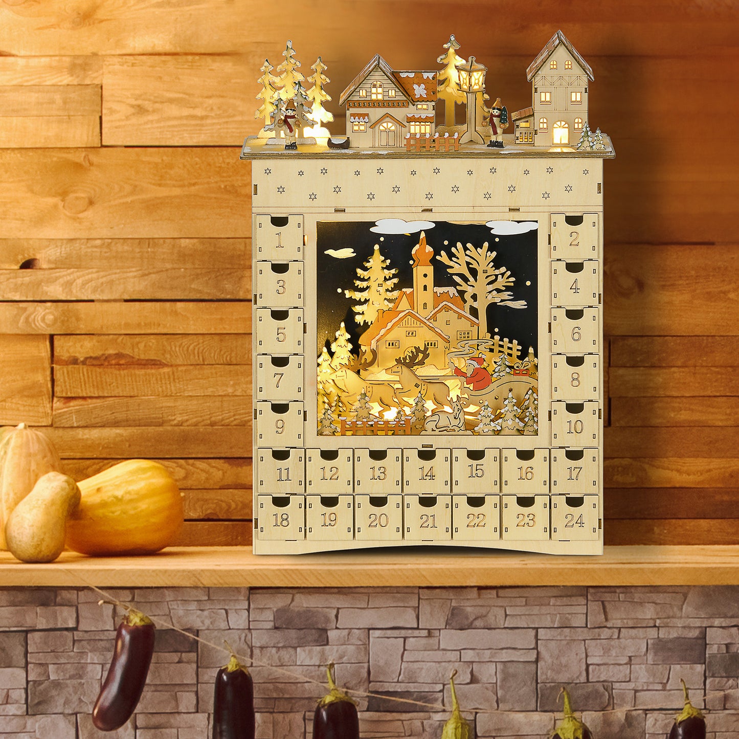 HOMCOM Wooden Christmas Advent Calendar, Lighted 24 Days Xmas Calendar House, Christmas Table Decoration with Countdown Drawers, Bible Characters, Battery Operated, Natural