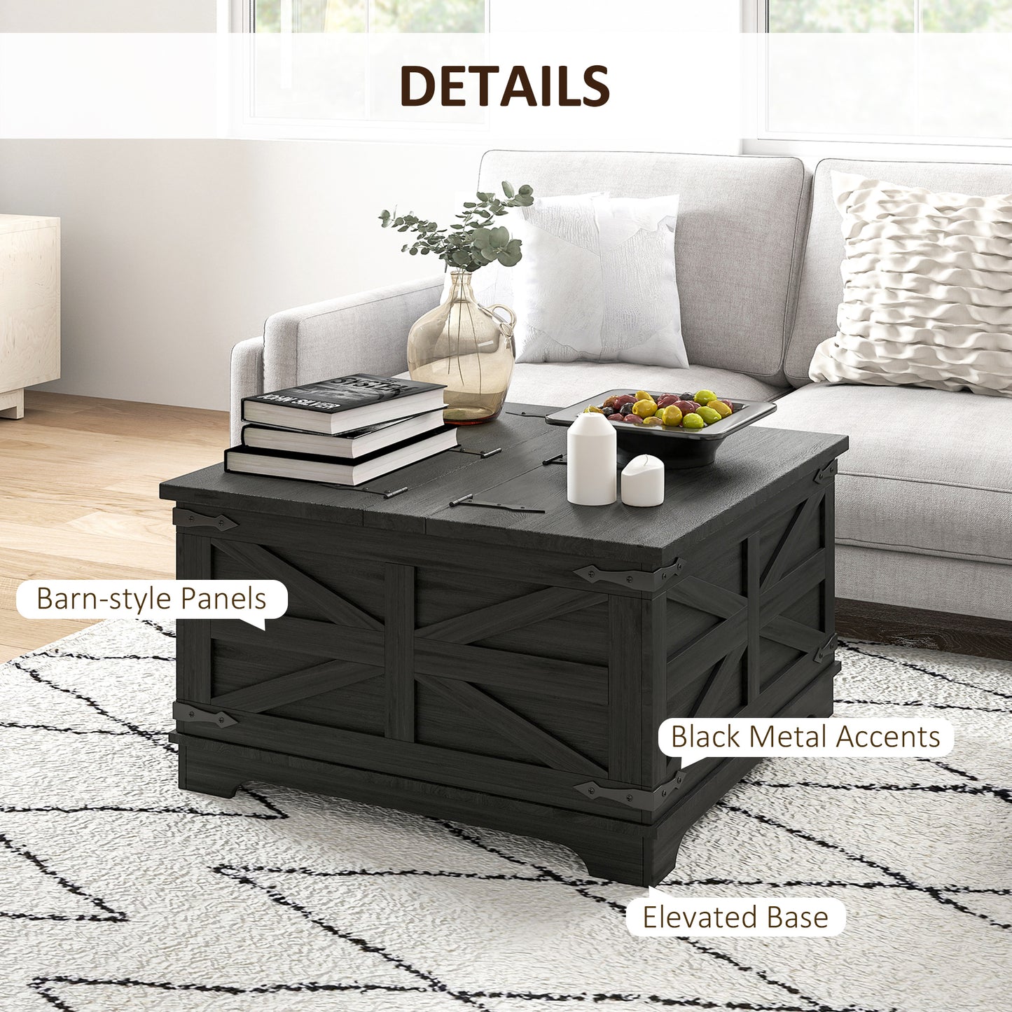 HOMCOM Farmhouse Coffee Table, Square Center Table with Flip-top Lids, Hidden Storage Compartment, Black