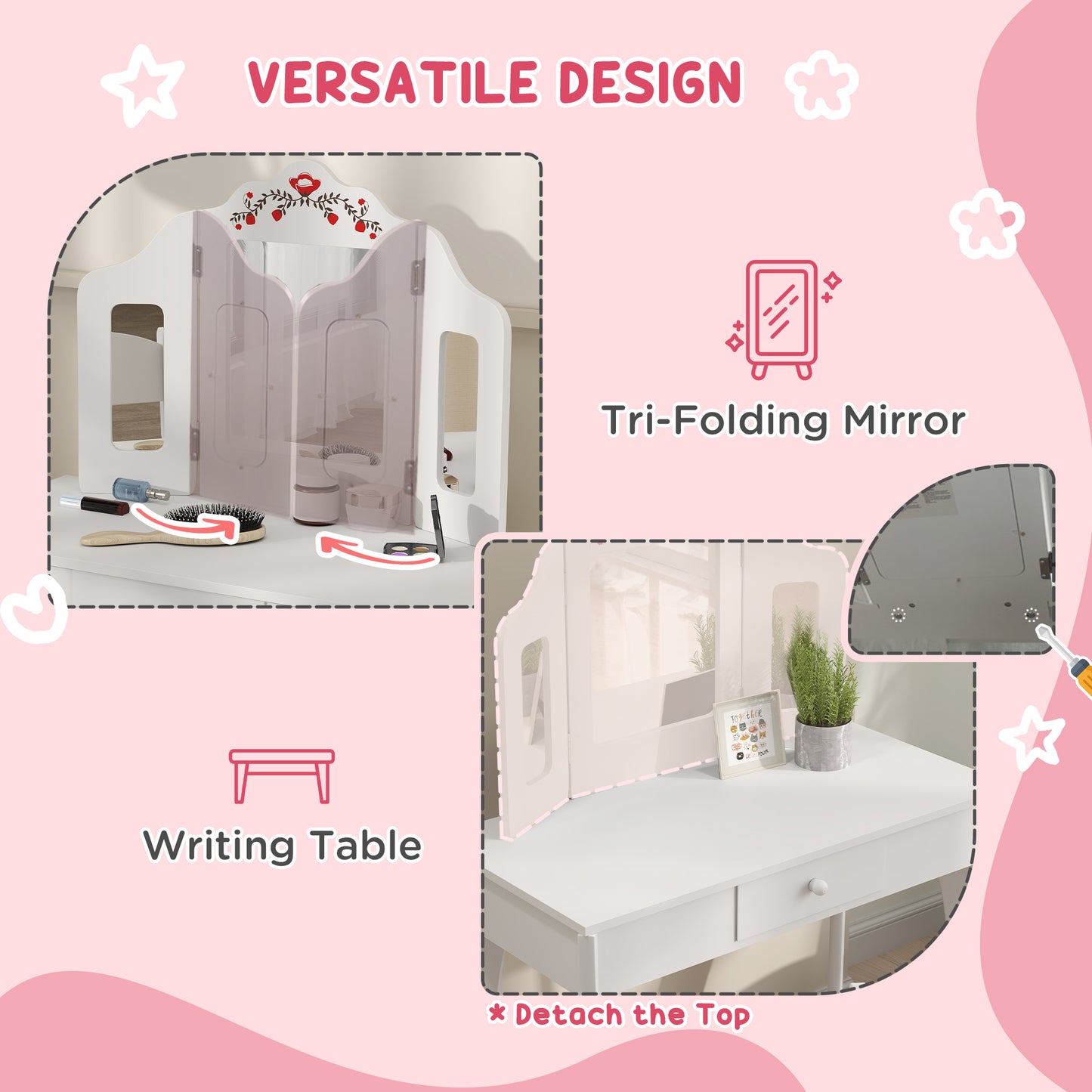 Qaba Kids Vanity Set, Dual-Use Dressing Table with Removable Tri-Folding Mirror and Drawer, for Ages 3-8, Pink