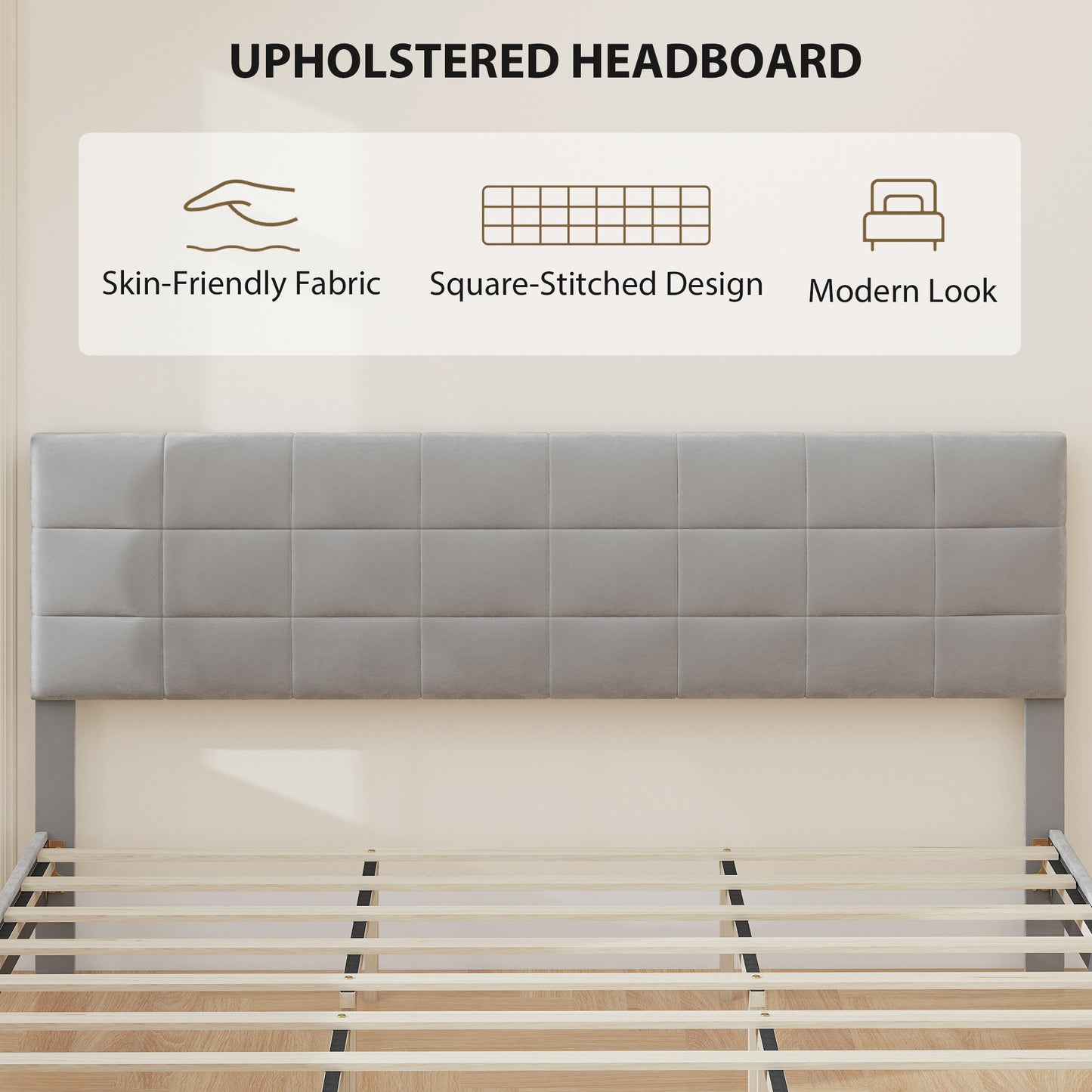 HOMCOM Queen Size Bed Frame with Upholstered Headboard, Modern Platform Bed Frame with Wood Slats, 1100 lbs Capacity, Cream