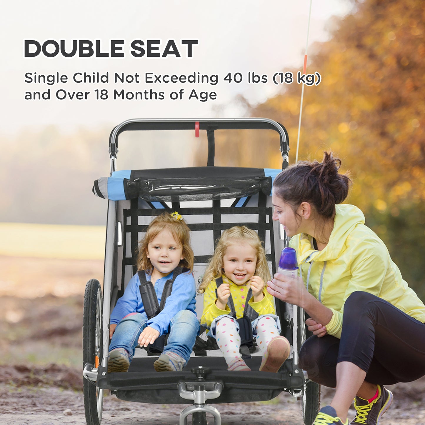Aosom 2 Seat Bike Trailer for Kids 2-in-1 Double Baby Jogging Stroller with Handbrake, Rubber Wheels, 5 Point Harness, Waterproof Cover, Storage Bag, Reflectors, Yellow