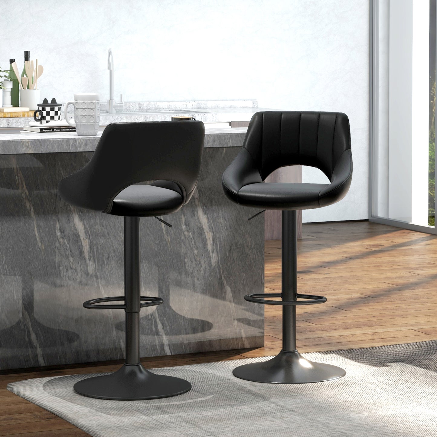 HOMCOM Bar Stools Set of 2, Swivel Counter Height Barstools with Adjustable Height, Linen Upholstered Bar Chairs with Round Metal Base and Footrest, Blue