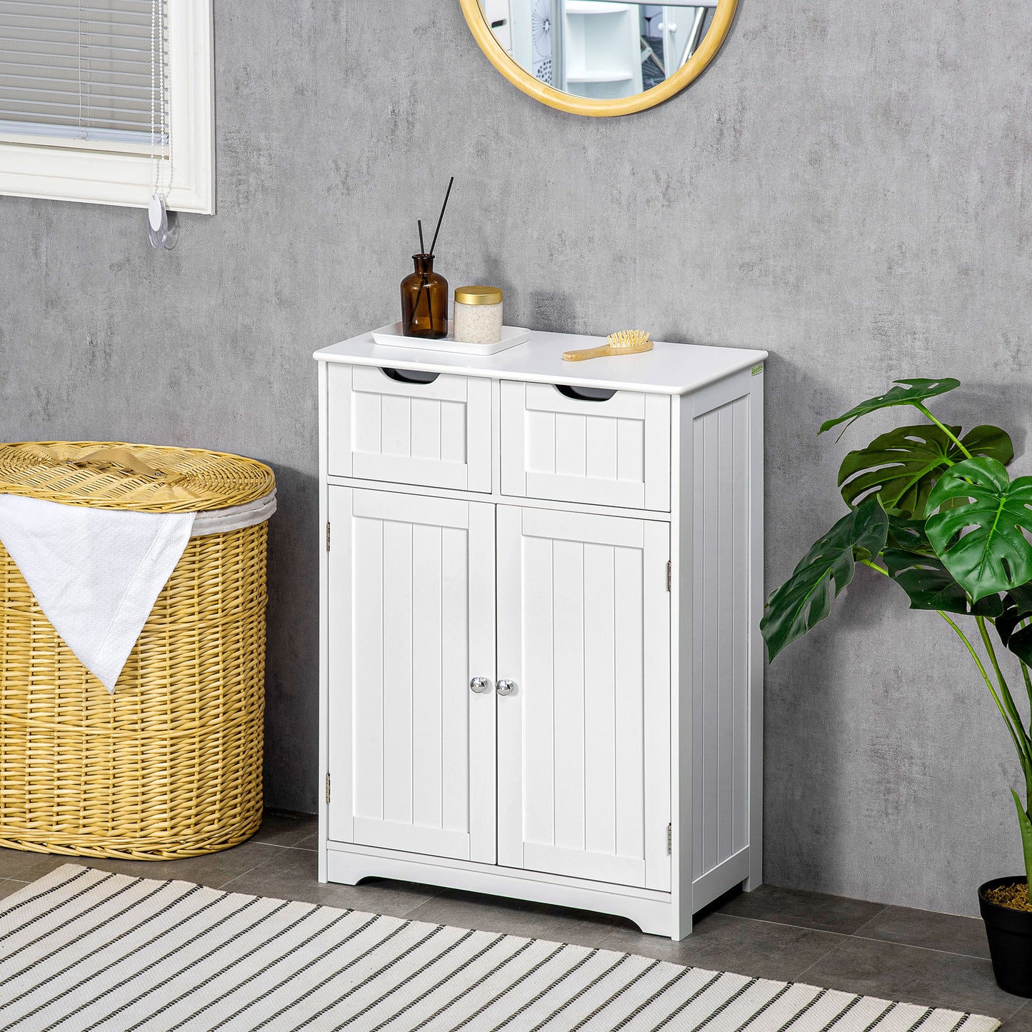 kleankin Bathroom Cabinet, Bathroom Storage Cabinet with 2 Drawers, Adjustable Shelf for Living Room, Entryway, White