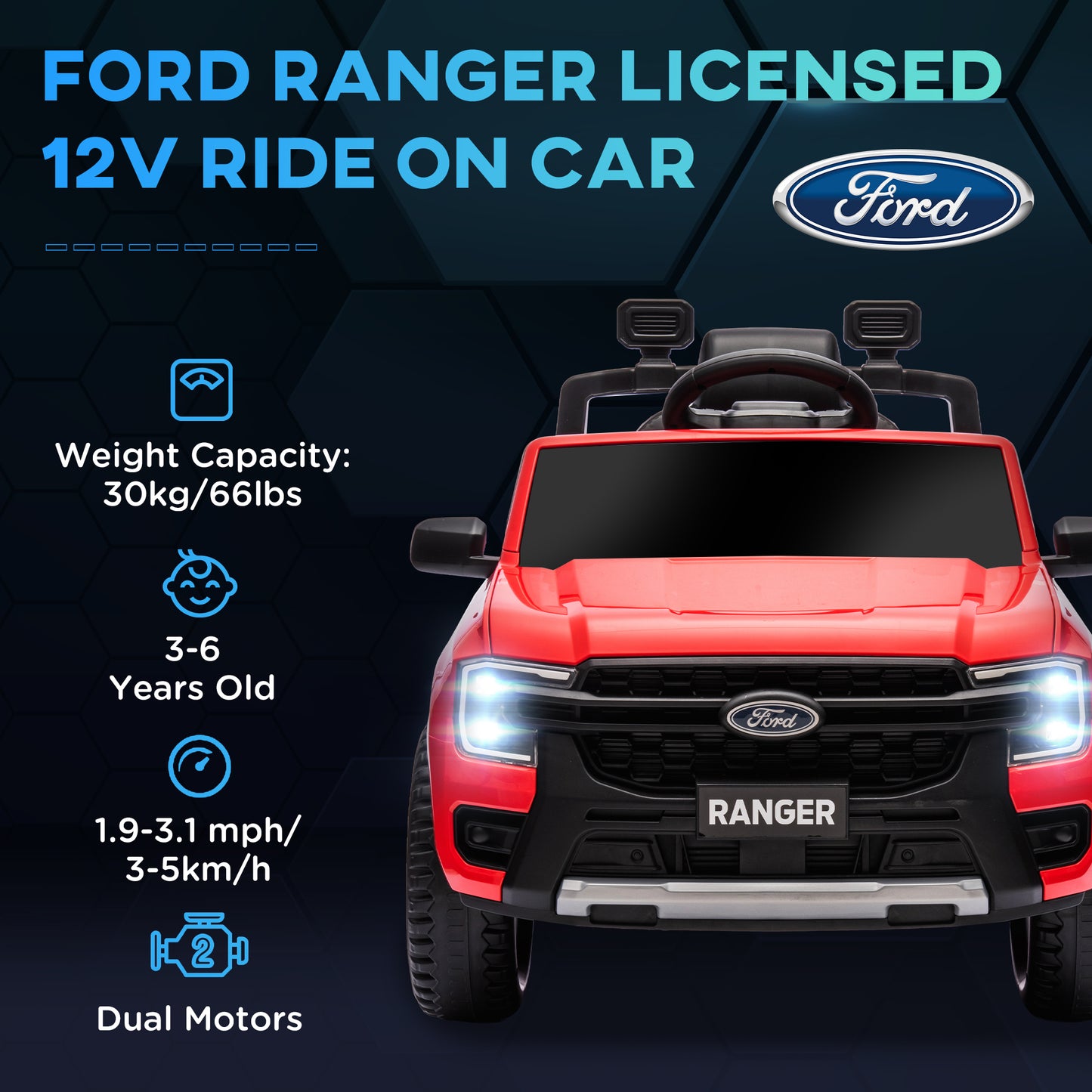 Qaba Ford Ranger Licensed 12V Ride on Car Battery Powered Kids Truck w/ Rear Storage Remote, Spring Suspension, Blue