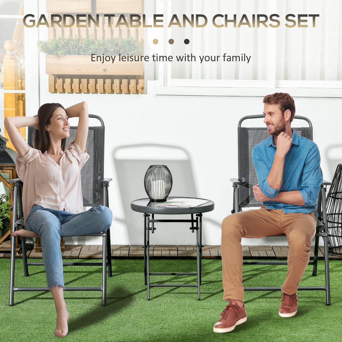 Outsunny 3 Pieces Bistro Set, Foldable Patio Furniture Set with Mesh Chairs, Glass Table for Garden, Balcony, Charcoal Grey