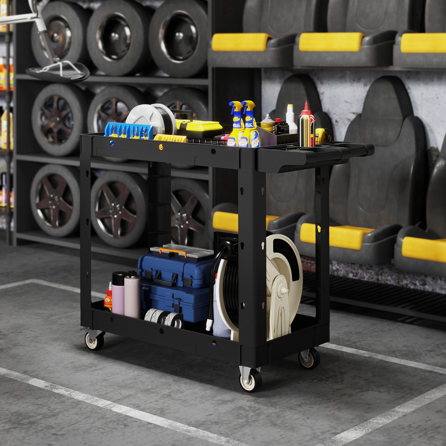 HOMCOM 3-Tier Collapsible Tool Cart with Wheels, 150 LBS Capacity Folding Utility Cart with Handles for Garage Workshop, Black