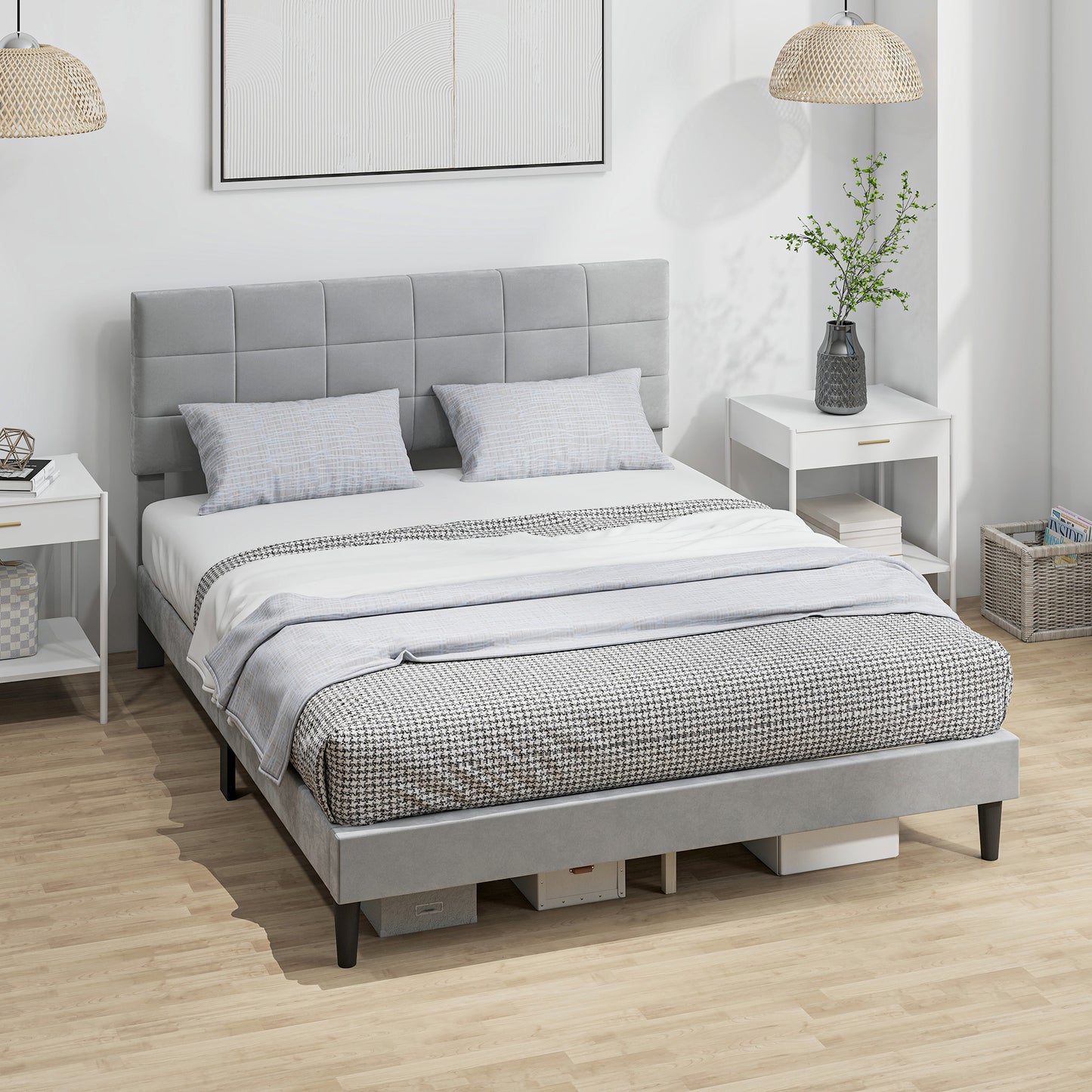 HOMCOM Queen Size Bed Frame with Upholstered Headboard, Modern Platform Bed Frame with Wood Slats, 1100 lbs Capacity, Cream