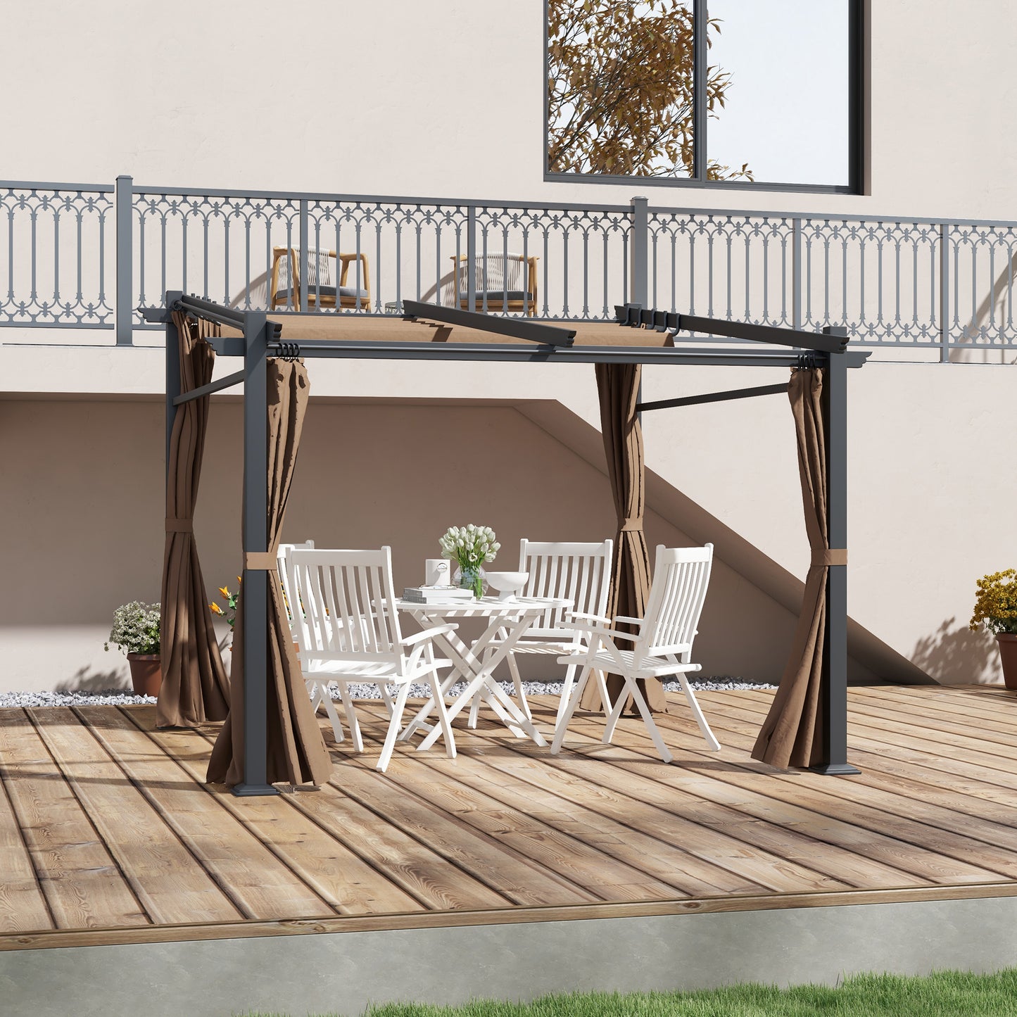 Outsunny Metal Pergola with Sliding Roof Canopy, Retractable Pergola Canopy, 10' x 10', Dark Grey