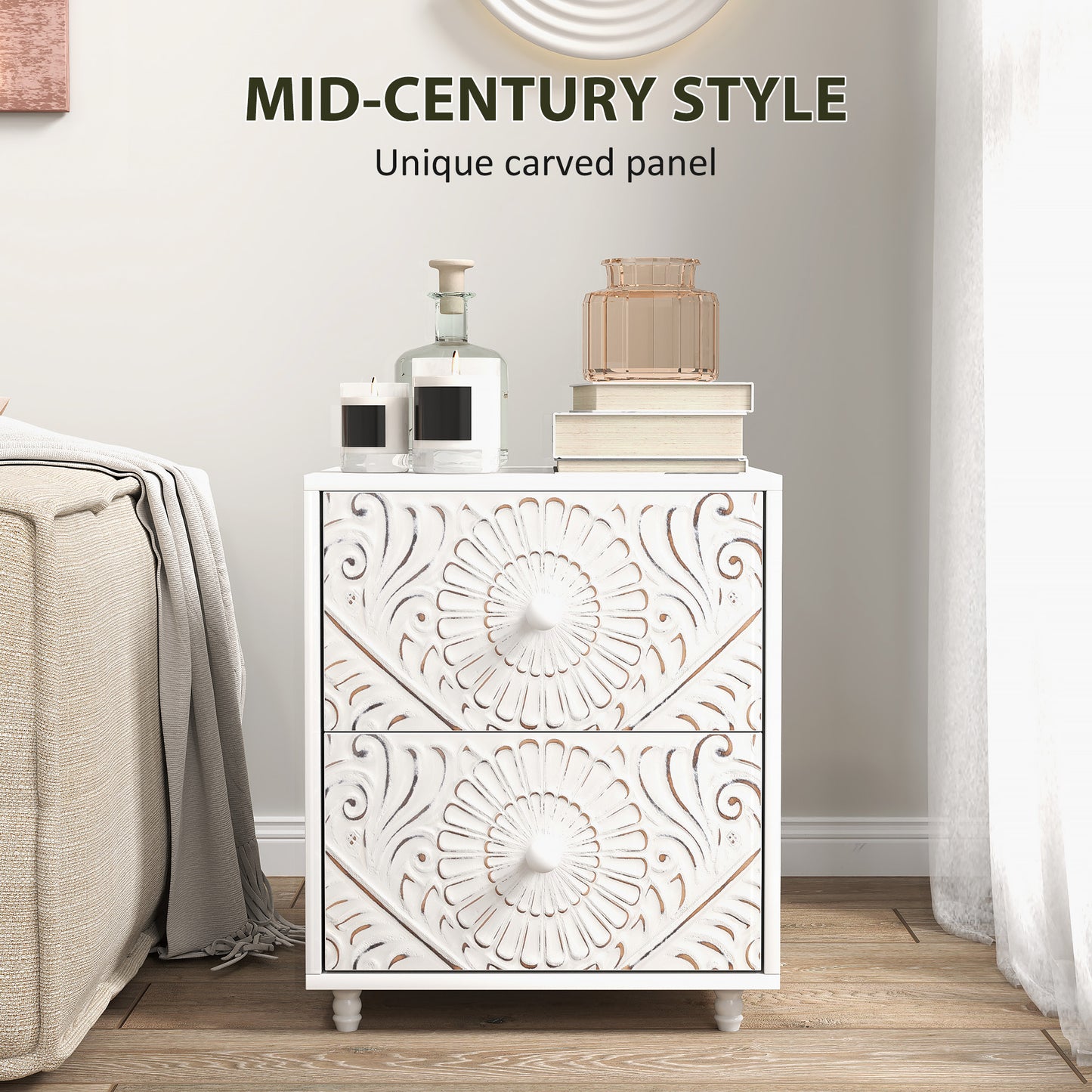 HOMCOM Mid-Century Bedside Table, Nightstand with 2 Drawers, Side End Table for Bedroom, White